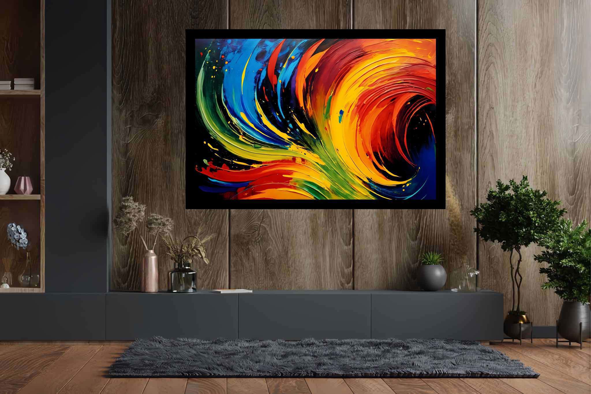Chromatic rhapsody: Swirls art with harmonious forms, in a room with chic decor, photographic wall art, and trendy home accents. The art can be printed on poster, framed poster, canvas, metal, acrylic or wood, exclusively at WallArtZen. Find this exact print at https://wallartzen.com/waz101
