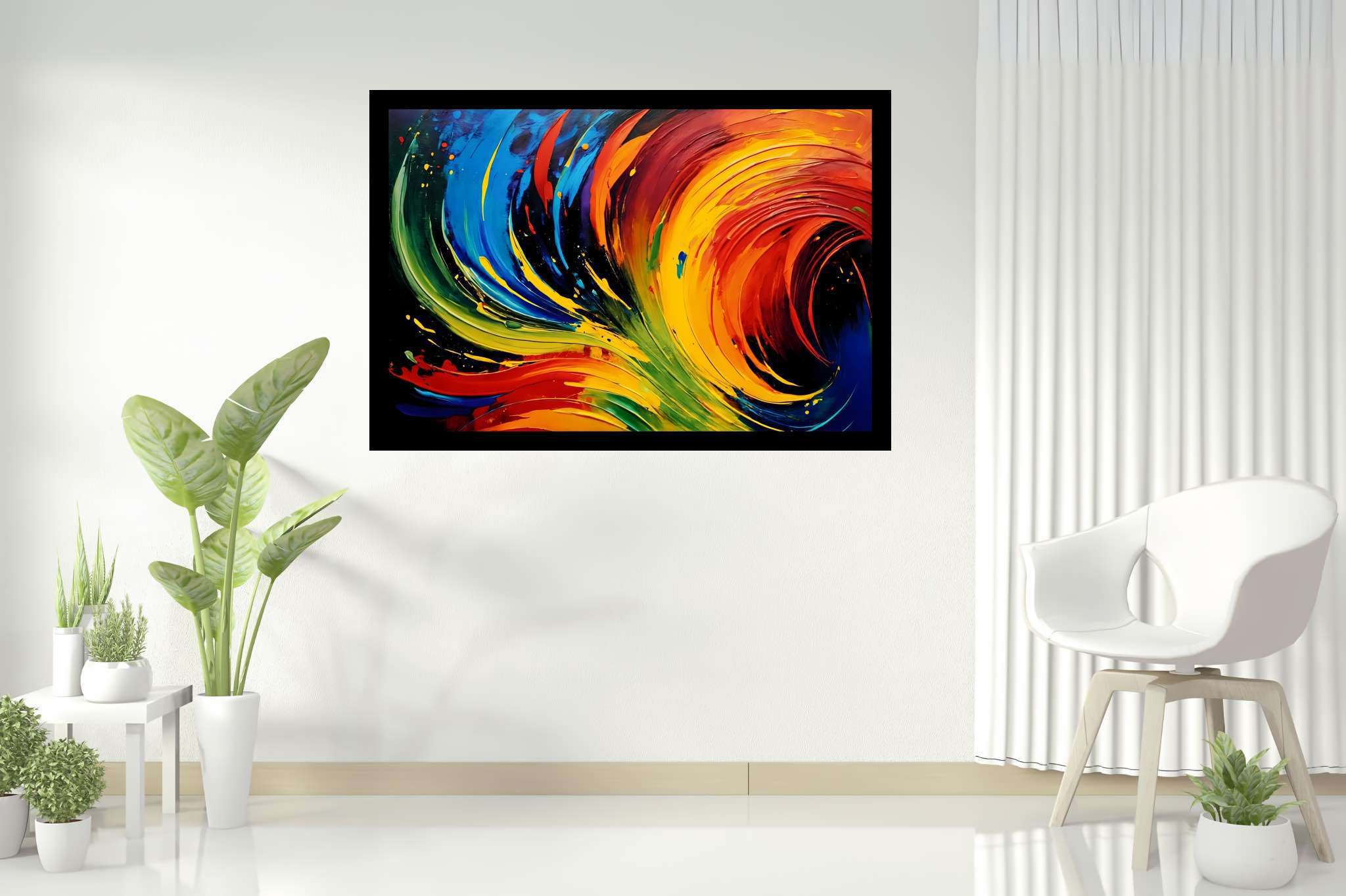 Chromatic rhapsody: Swirls art with swirling shapes, in a room with classic elegance, mural artworks, and trendy home accents. The art can be printed on poster, framed poster, canvas, metal, acrylic or wood, exclusively at WallArtZen. Find this exact print at https://wallartzen.com/waz101