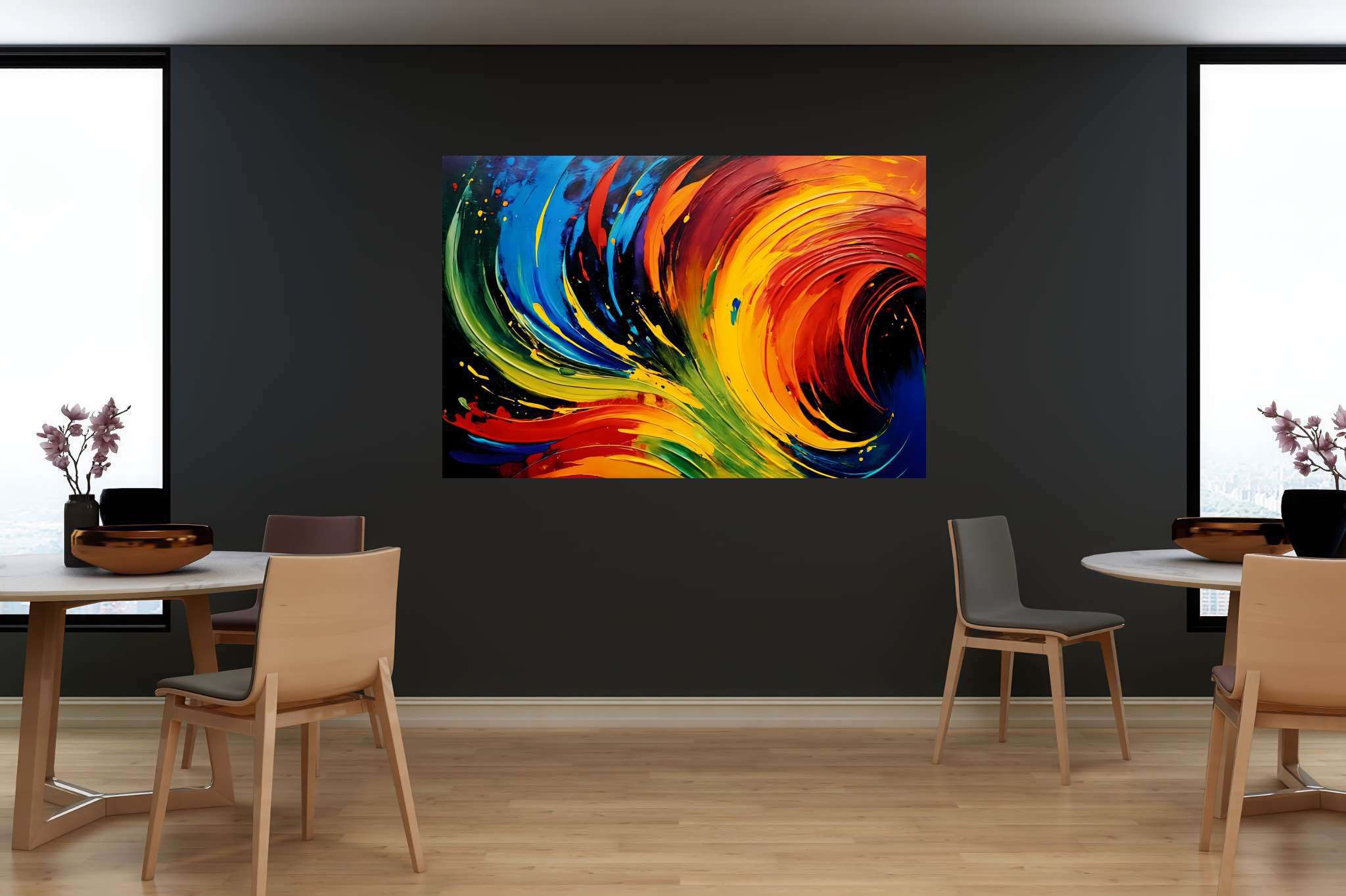 Chromatic rhapsody: Swirls art with dynamic compositions, in a room with great design, digital art pieces, and interior decorations. The art can be printed on poster, framed poster, canvas, metal, acrylic or wood, exclusively at WallArtZen. Find this exact print at https://wallartzen.com/waz101