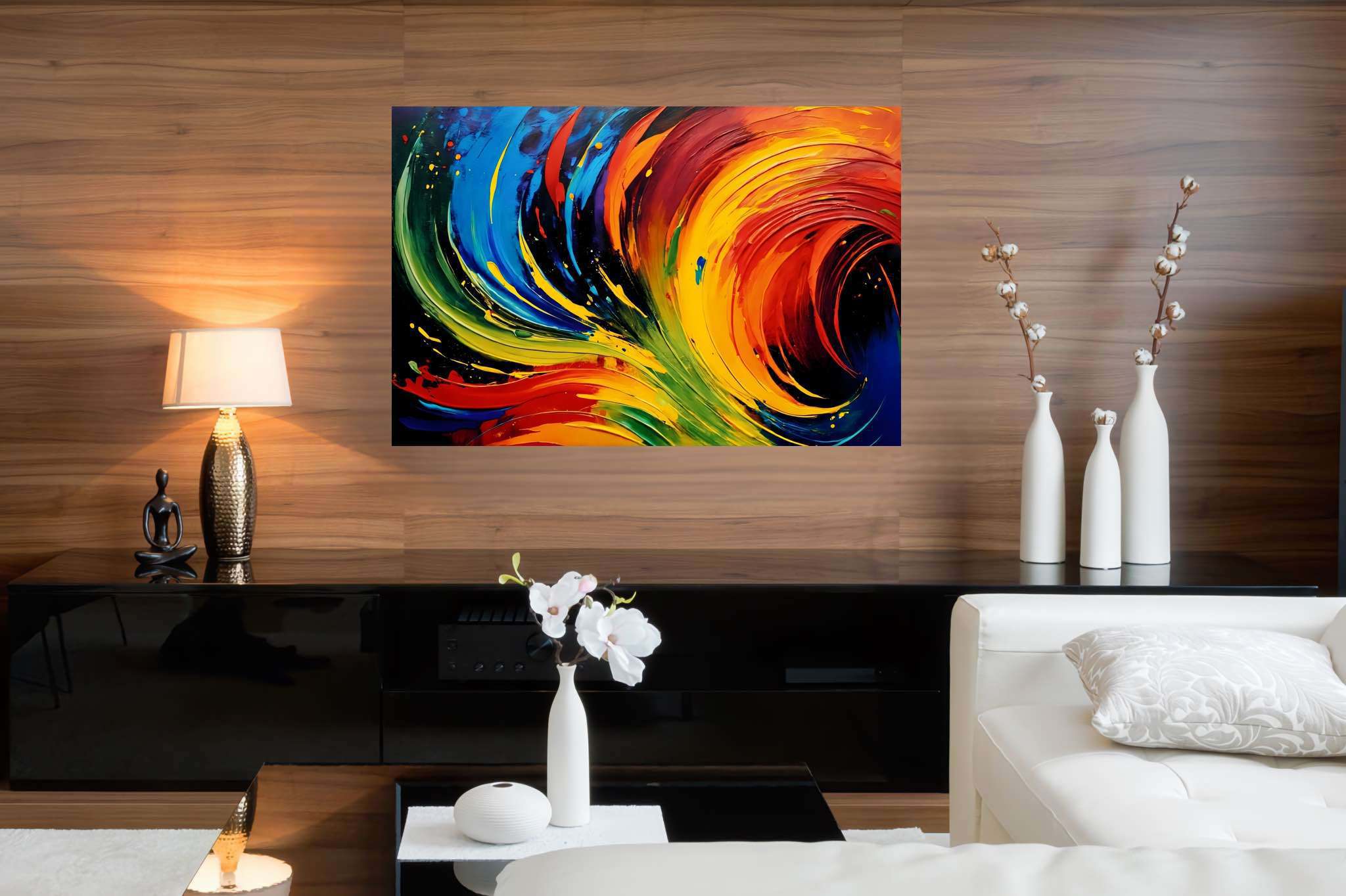 Chromatic rhapsody: Swirls art with fluid patterns, in a room with contemporary flair, digital art pieces, and home styling items. The art can be printed on poster, framed poster, canvas, metal, acrylic or wood, exclusively at WallArtZen. Find this exact print at https://wallartzen.com/waz101