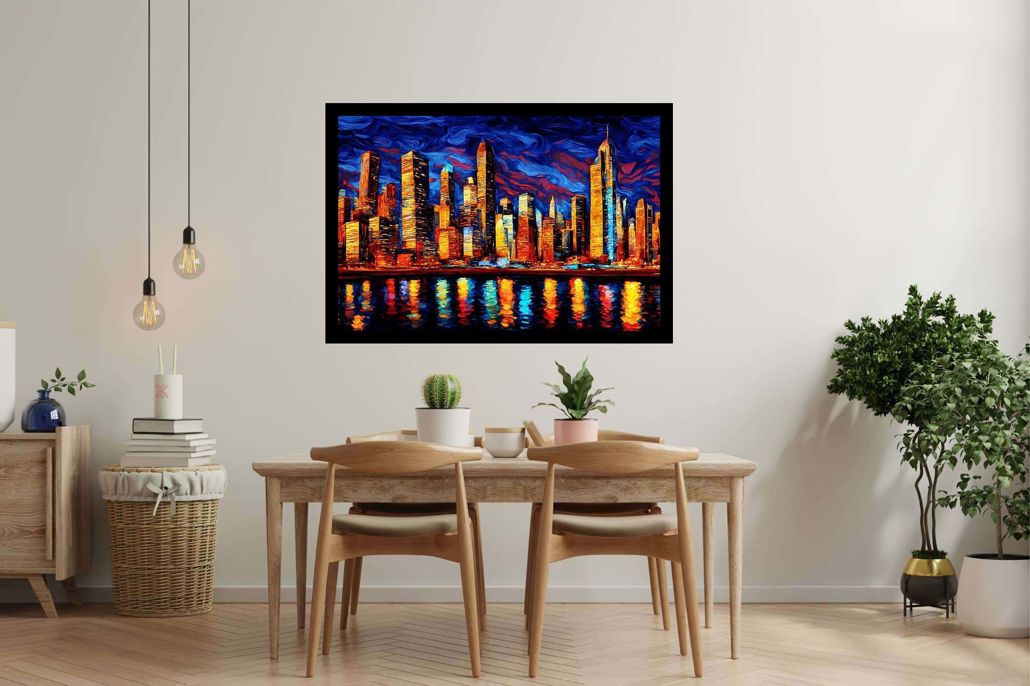Starry heights reverie: Swirl art with mesmerizing compositions, in a room with urban design, photographic wall art, and decorative pieces. The art can be printed on poster, framed poster, canvas, metal, acrylic or wood, exclusively at WallArtZen. Find this exact print at https://wallartzen.com/waz102