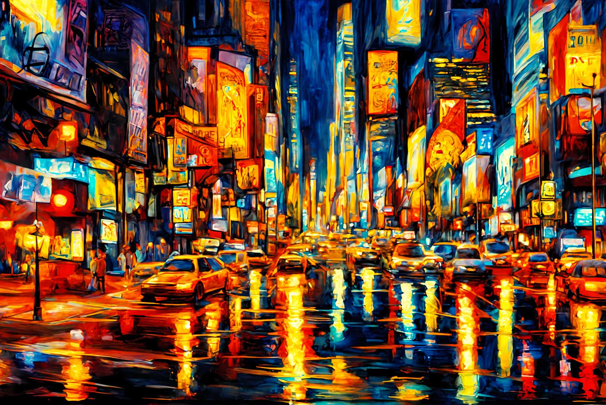 Luminous rainfall serenade: Rainy city art with street art, in a room with innovative layout, abstract paintings, and designer furniture. The art can be printed on poster, framed poster, canvas, metal, acrylic or wood, exclusively at WallArtZen. Find this exact print at https://wallartzen.com/waz103