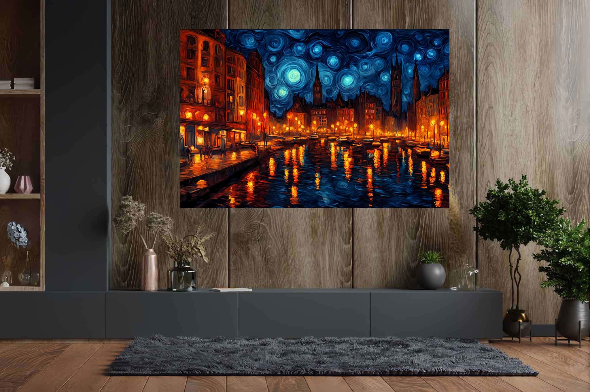 Starlit silhouettes unveiled: Illuminated city art with street art, in a room with elegant layout, digital art pieces, and interior decorations. The art can be printed on poster, framed poster, canvas, metal, acrylic or wood, exclusively at WallArtZen. Find this exact print at https://wallartzen.com/waz104