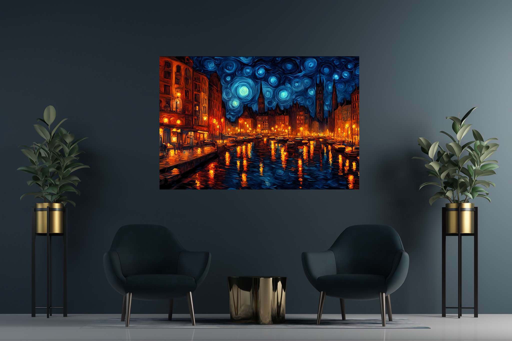 Starlit silhouettes unveiled: Illuminated city art with neon city art, in a room with elegant layout, fine art prints, and decorative pieces. The art can be printed on poster, framed poster, canvas, metal, acrylic or wood, exclusively at WallArtZen. Find this exact print at https://wallartzen.com/waz104