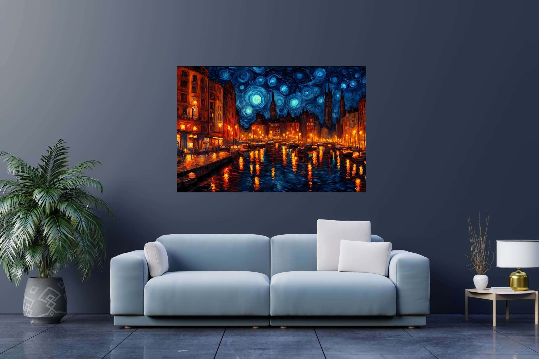 Starlit silhouettes unveiled: Illuminated city art with urban reflections, in a room with classic elegance, wall hangings, and stylish accessories. The art can be printed on poster, framed poster, canvas, metal, acrylic or wood, exclusively at WallArtZen. Find this exact print at https://wallartzen.com/waz104
