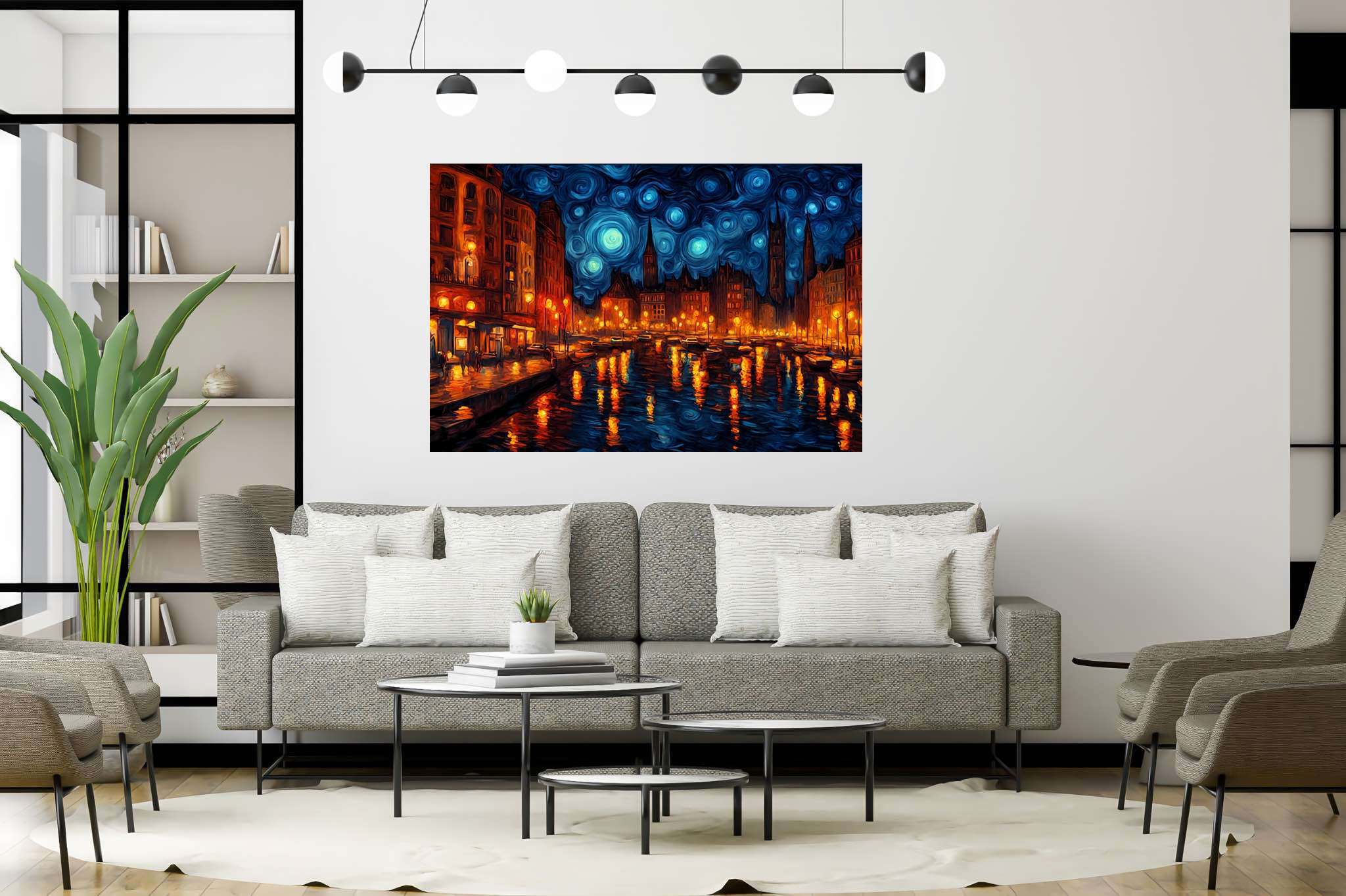 Starlit silhouettes unveiled: Illuminated city art with modern urban art, in a room with urban design, canvas prints, and home furnishings. The art can be printed on poster, framed poster, canvas, metal, acrylic or wood, exclusively at WallArtZen. Find this exact print at https://wallartzen.com/waz104