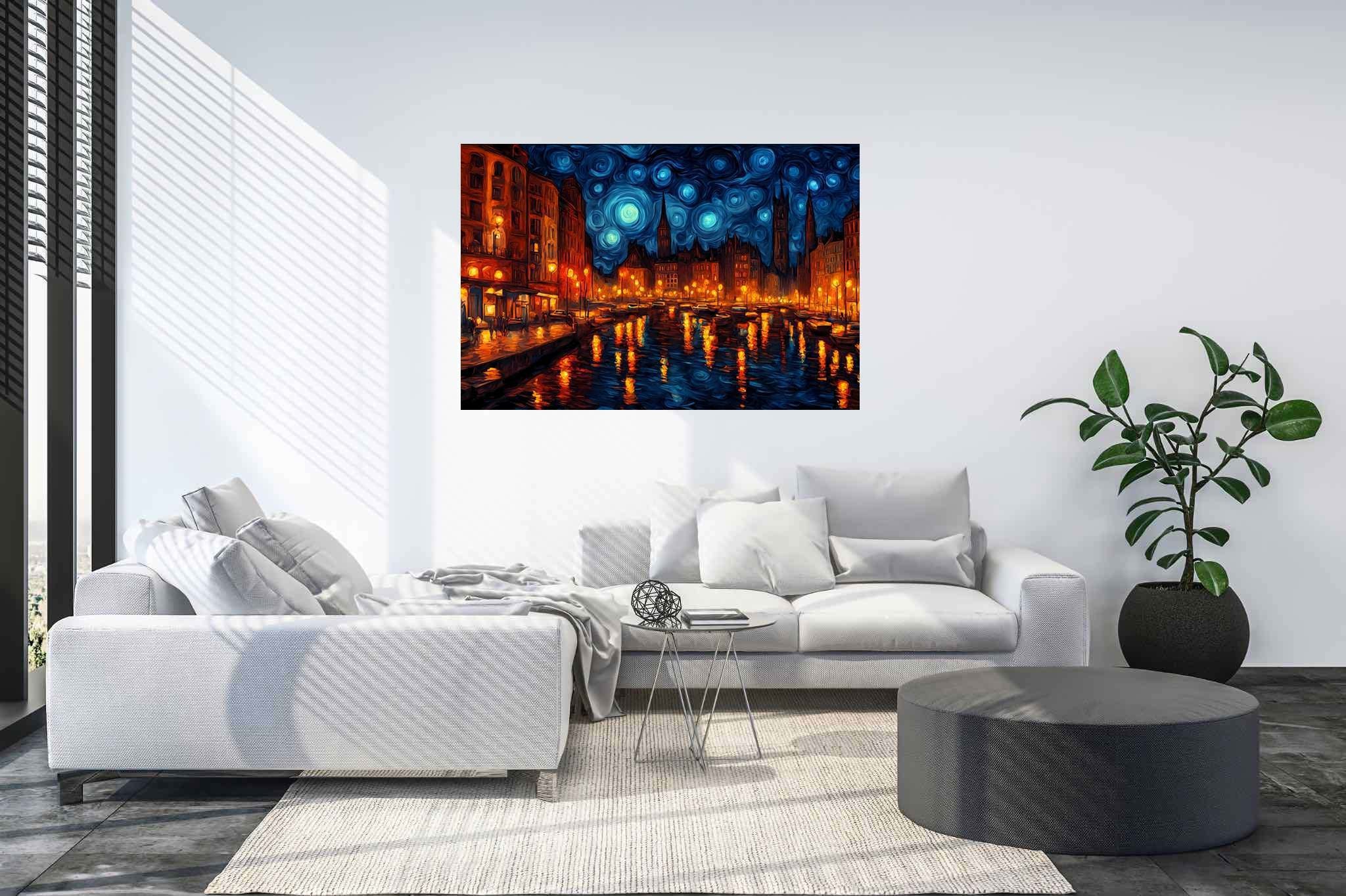 Starlit silhouettes unveiled: Illuminated city art with cityscape paintings, in a room with great design, digital art pieces, and home styling items. The art can be printed on poster, framed poster, canvas, metal, acrylic or wood, exclusively at WallArtZen. Find this exact print at https://wallartzen.com/waz104
