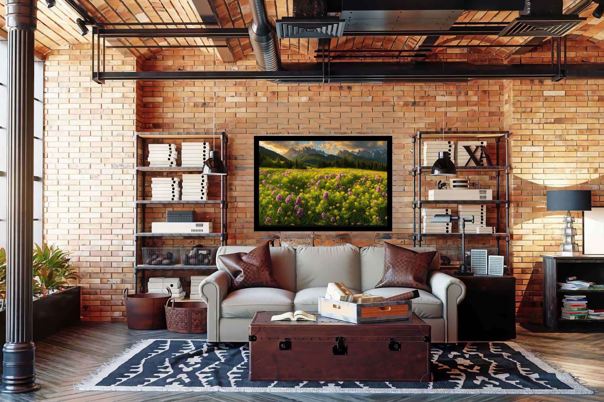 Serenade of the sundown peaks: Scenic landscape art with serene landscapes, in a room with urban design, digital art pieces, and artisan decor. The art can be printed on poster, framed poster, canvas, metal, acrylic or wood, exclusively at WallArtZen. Find this exact print at https://wallartzen.com/waz105
