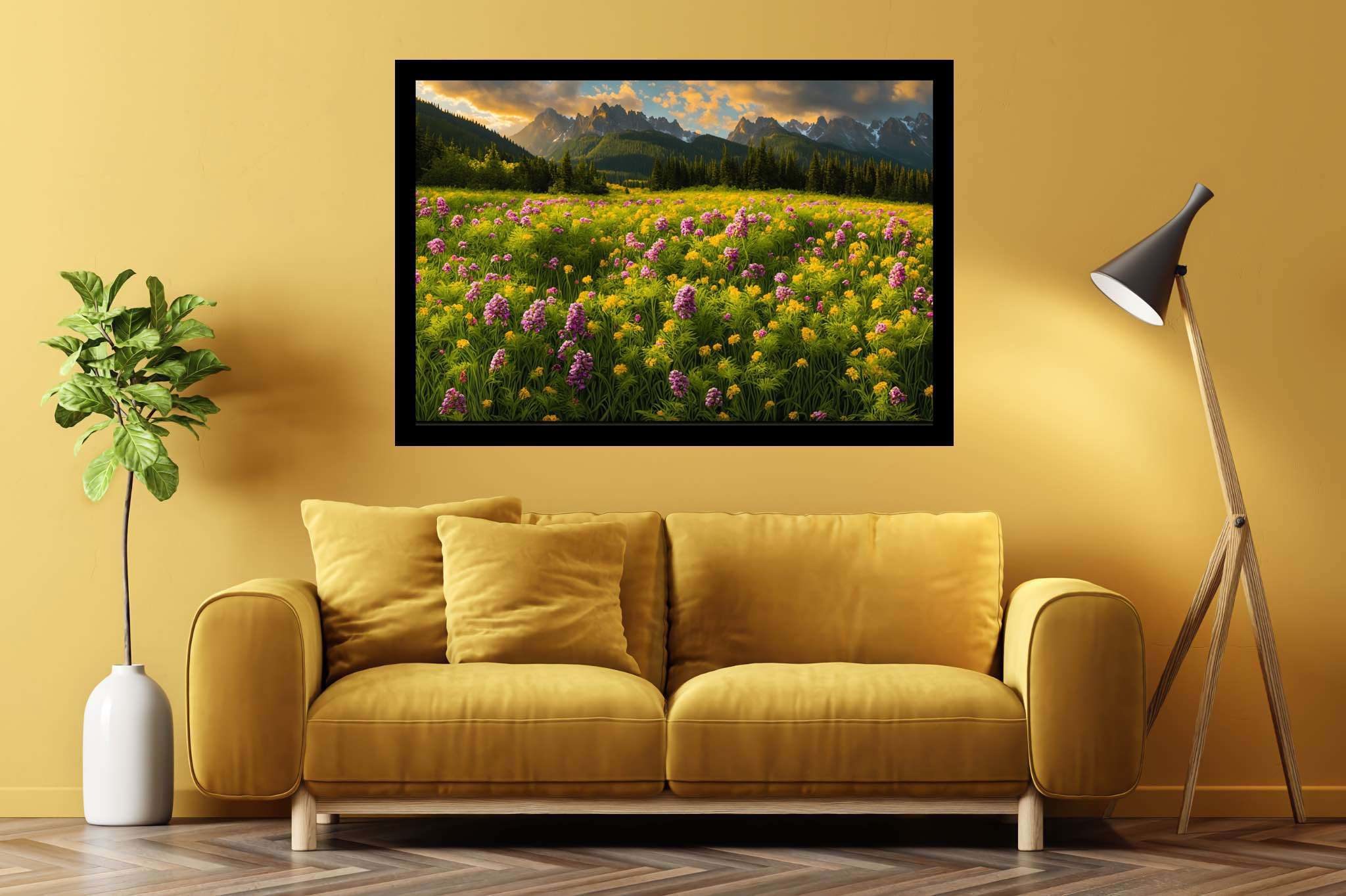 Serenade of the sundown peaks: Scenic landscape art with landscape artistry, in a room with classic elegance, canvas prints, and trendy home accents. The art can be printed on poster, framed poster, canvas, metal, acrylic or wood, exclusively at WallArtZen. Find this exact print at https://wallartzen.com/waz105