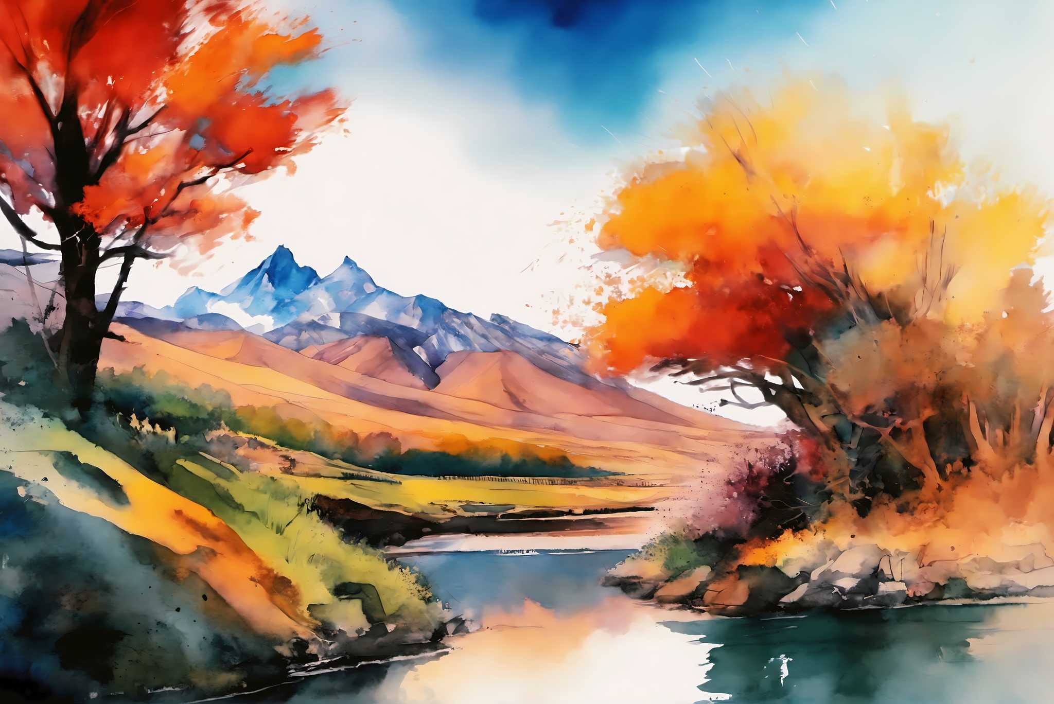Serenity's embrace: Vibrant landscape art with vibrant landscape imagery, in a room with contemporary flair, mural artworks, and decorative pieces. The art can be printed on poster, framed poster, canvas, metal, acrylic or wood, exclusively at WallArtZen. Find this exact print at https://wallartzen.com/waz106
