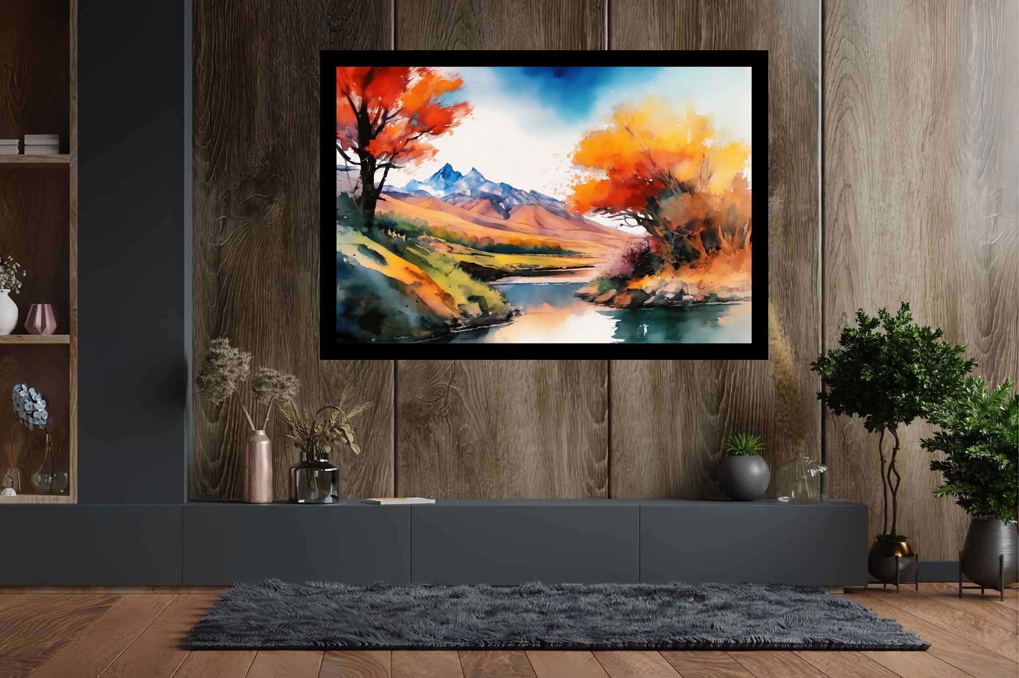 Serenity's embrace: Vibrant landscape art with vivid outdoor artworks, in a room with chic decor, framed art, and interior decorations. The art can be printed on poster, framed poster, canvas, metal, acrylic or wood, exclusively at WallArtZen. Find this exact print at https://wallartzen.com/waz106