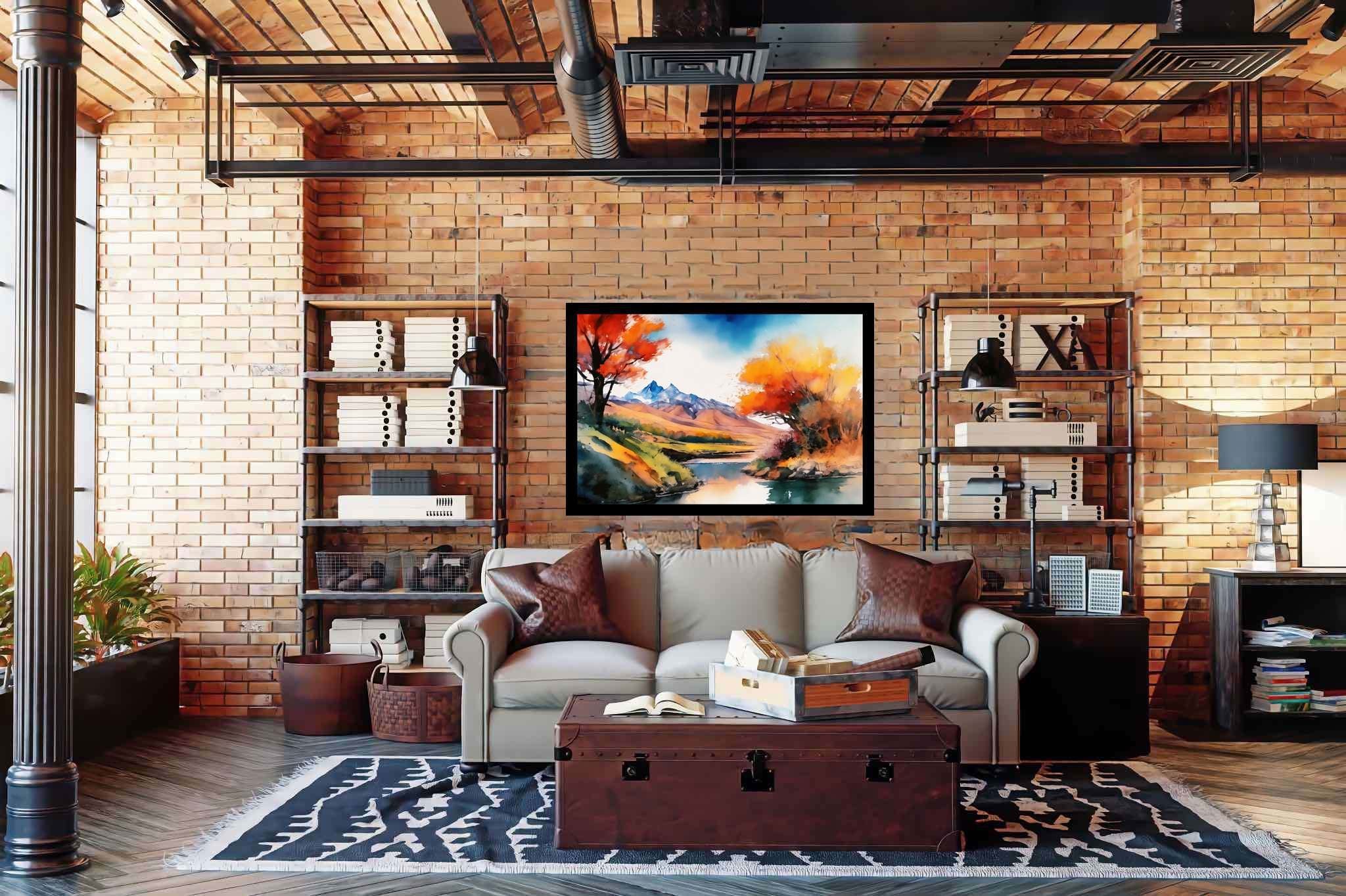 Serenity's embrace: Vibrant landscape art with vibrant landscape art, in a room with contemporary flair, bespoke art designs, and stylish accessories. The art can be printed on poster, framed poster, canvas, metal, acrylic or wood, exclusively at WallArtZen. Find this exact print at https://wallartzen.com/waz106