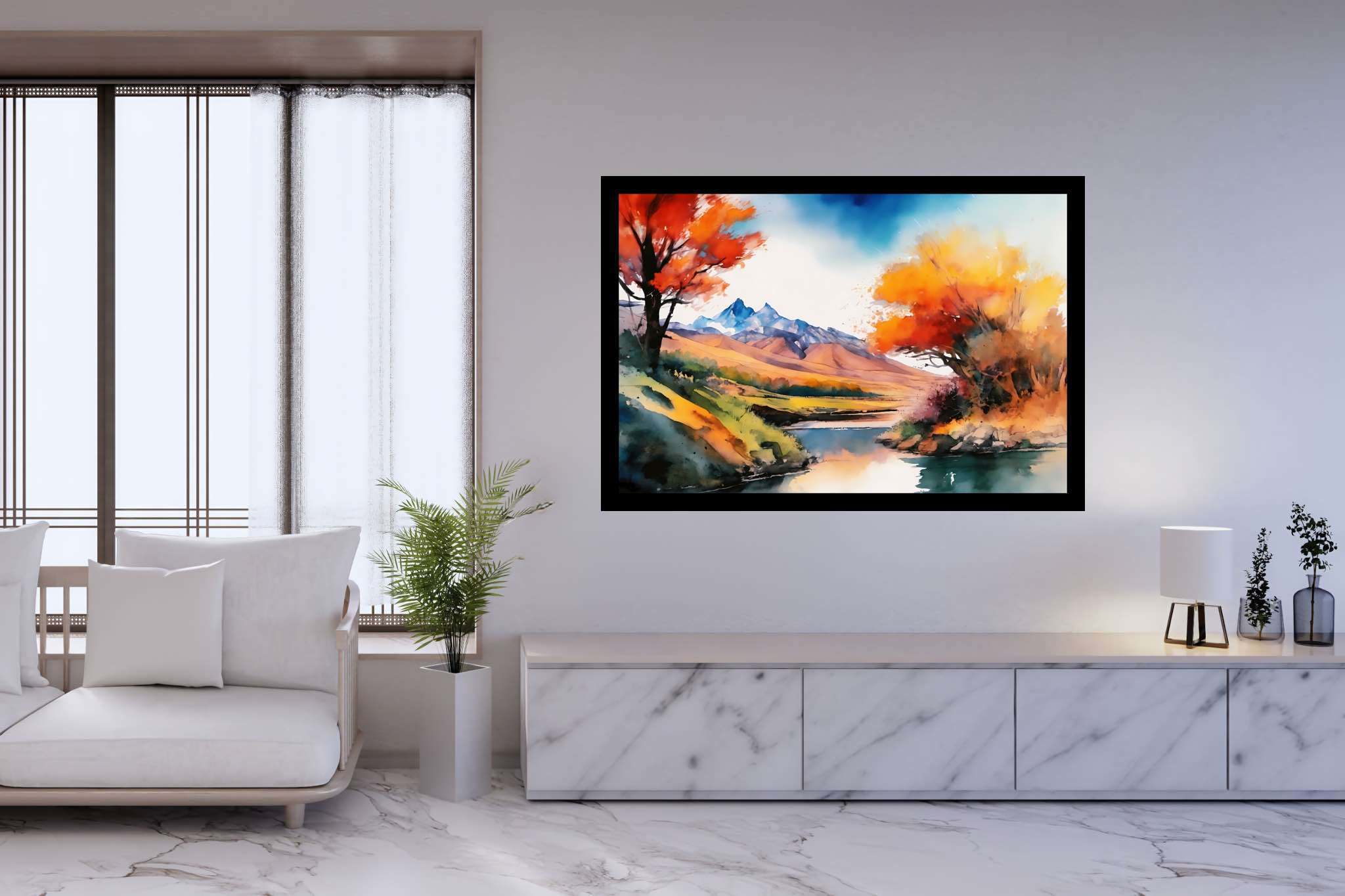 Serenity's embrace: Vibrant landscape art with lively landscape artwork, in a room with artistic style, bespoke art designs, and elegant home goods. The art can be printed on poster, framed poster, canvas, metal, acrylic or wood, exclusively at WallArtZen. Find this exact print at https://wallartzen.com/waz106