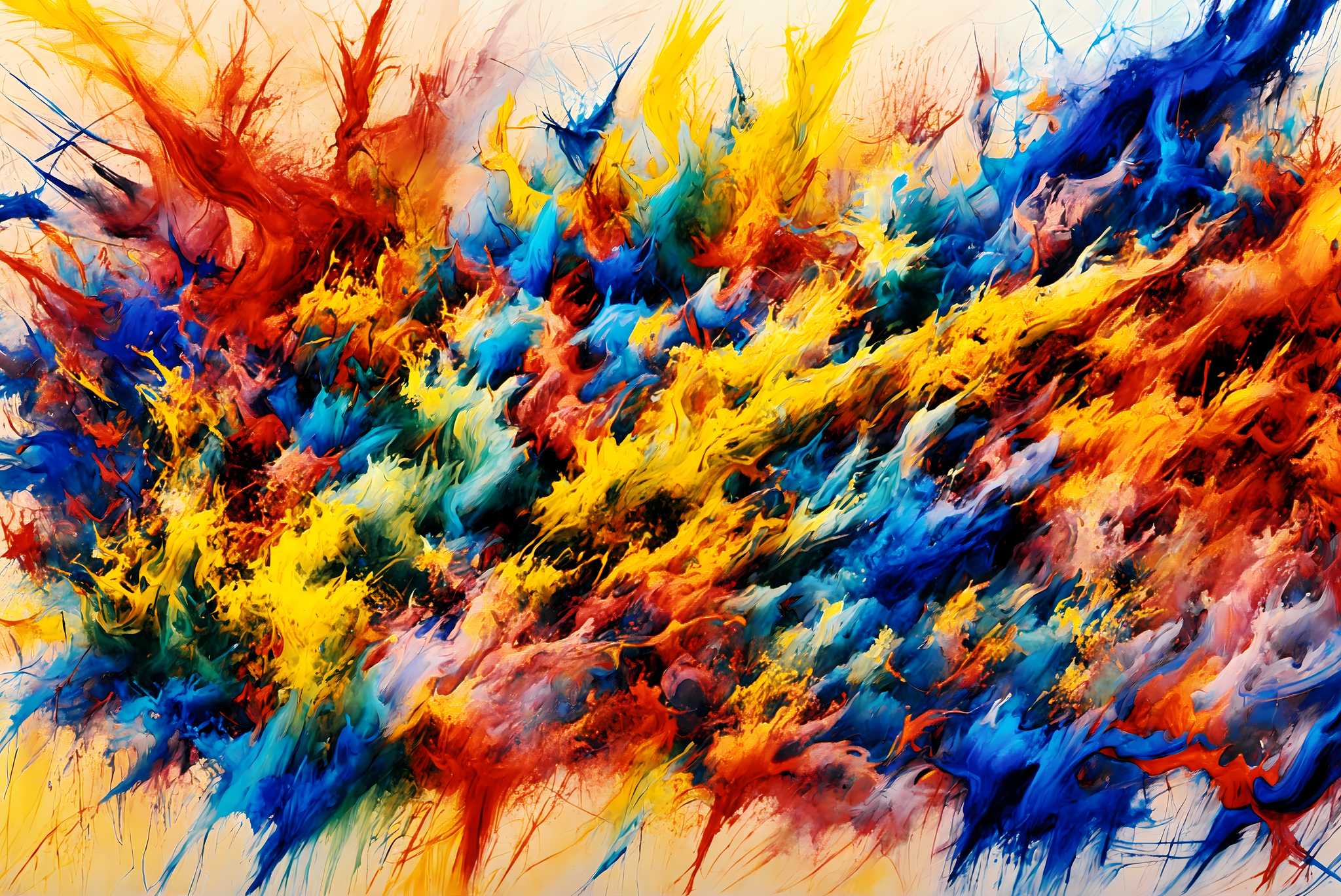 Chroma crescendo unleashed: Explosion art with explosive brushstrokes, in a room with modern style, framed art, and decorative pieces. The art can be printed on poster, framed poster, canvas, metal, acrylic or wood, exclusively at WallArtZen. Find this exact print at https://wallartzen.com/waz107