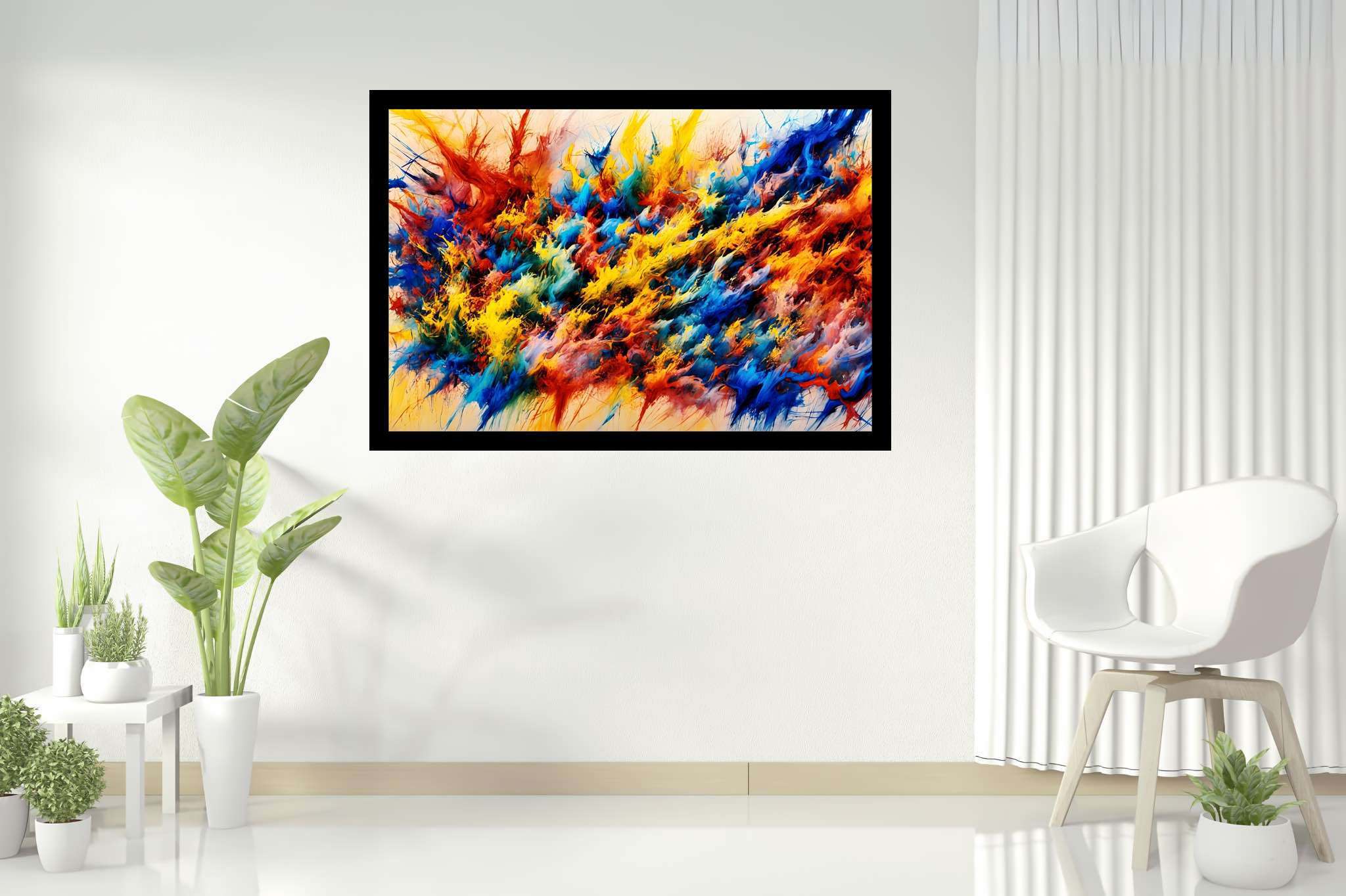 Chroma crescendo unleashed: Explosion art with explosive abstracts, in a room with chic decor, wall hangings, and home furnishings. The art can be printed on poster, framed poster, canvas, metal, acrylic or wood, exclusively at WallArtZen. Find this exact print at https://wallartzen.com/waz107
