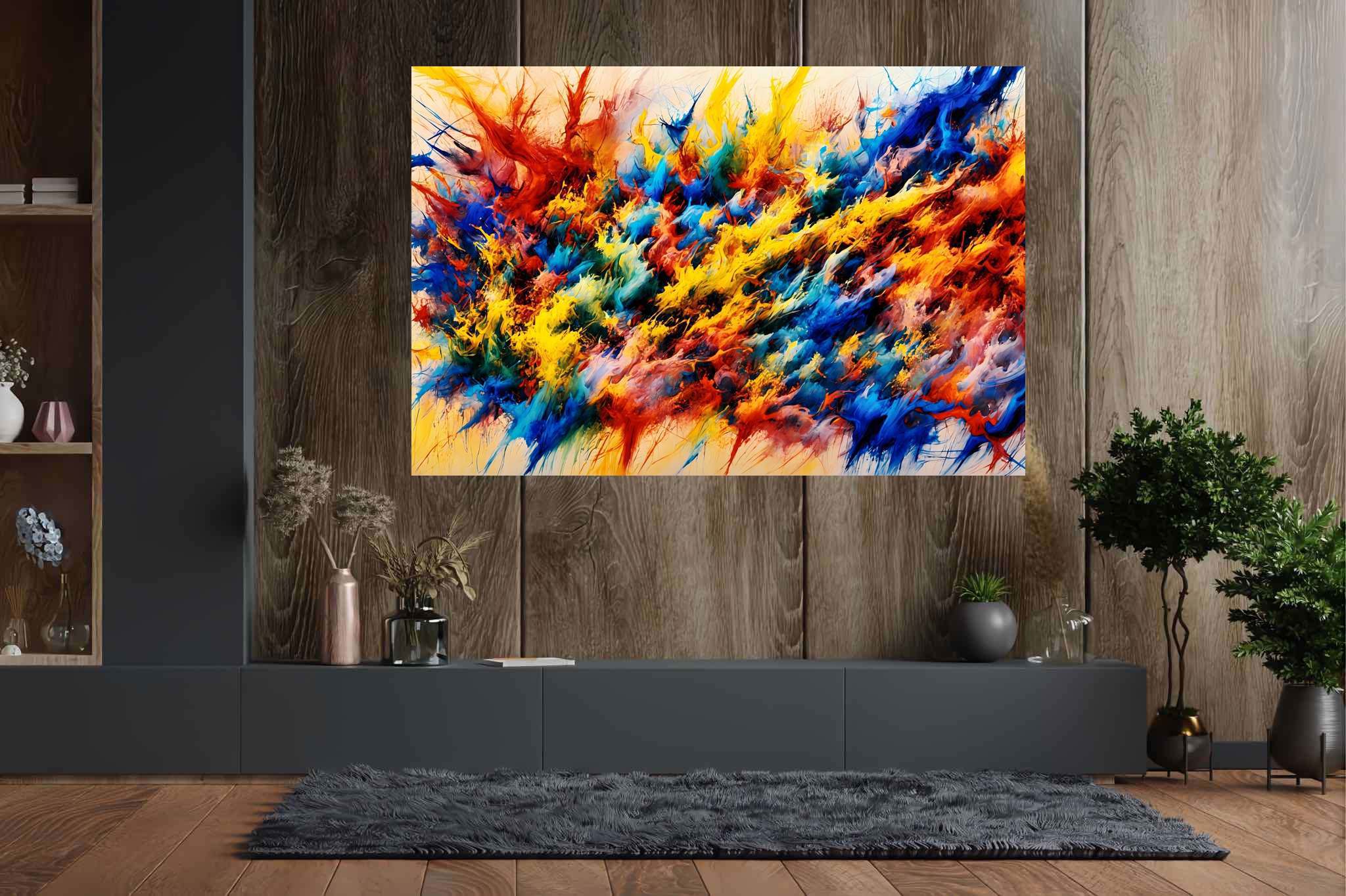 Chroma crescendo unleashed: Explosion art with explosive energy, in a room with minimalist approach, wall art, and home styling items. The art can be printed on poster, framed poster, canvas, metal, acrylic or wood, exclusively at WallArtZen. Find this exact print at https://wallartzen.com/waz107