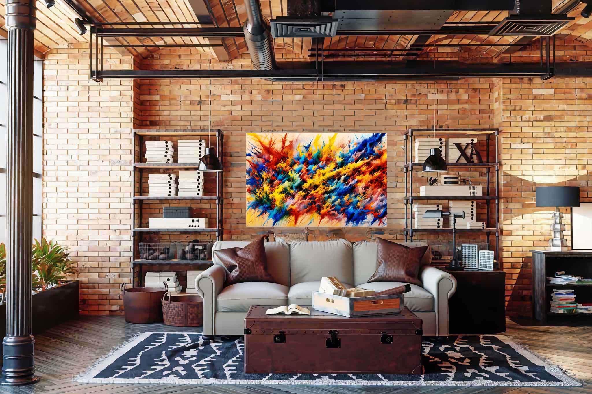 Chroma crescendo unleashed: Explosion art with fiery artwork, in a room with modern style, gallery-quality artwork, and artisan decor. The art can be printed on poster, framed poster, canvas, metal, acrylic or wood, exclusively at WallArtZen. Find this exact print at https://wallartzen.com/waz107