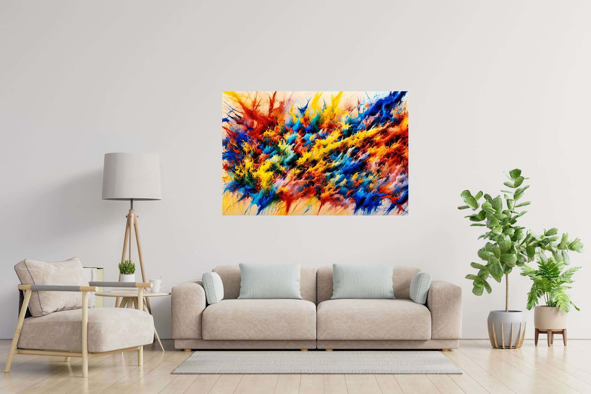 Chroma crescendo unleashed: Explosion art with vibrant explosions, in a room with elegant layout, bespoke art designs, and decorative pieces. The art can be printed on poster, framed poster, canvas, metal, acrylic or wood, exclusively at WallArtZen. Find this exact print at https://wallartzen.com/waz107