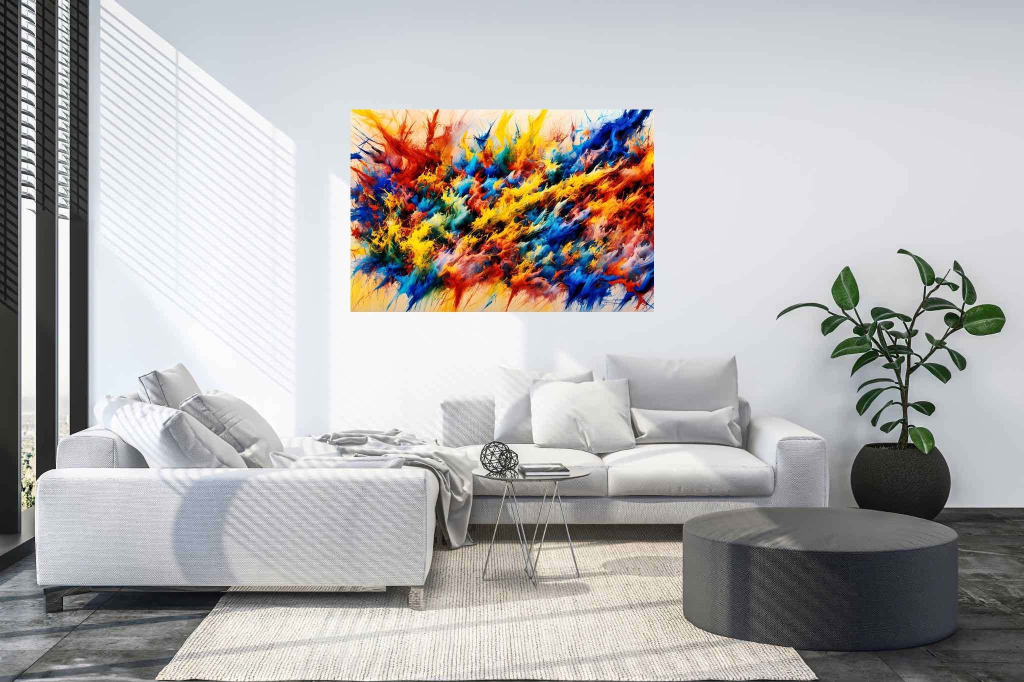 Chroma crescendo unleashed: Explosion art with colorful detonations, in a room with classic elegance, abstract paintings, and home furnishings. The art can be printed on poster, framed poster, canvas, metal, acrylic or wood, exclusively at WallArtZen. Find this exact print at https://wallartzen.com/waz107