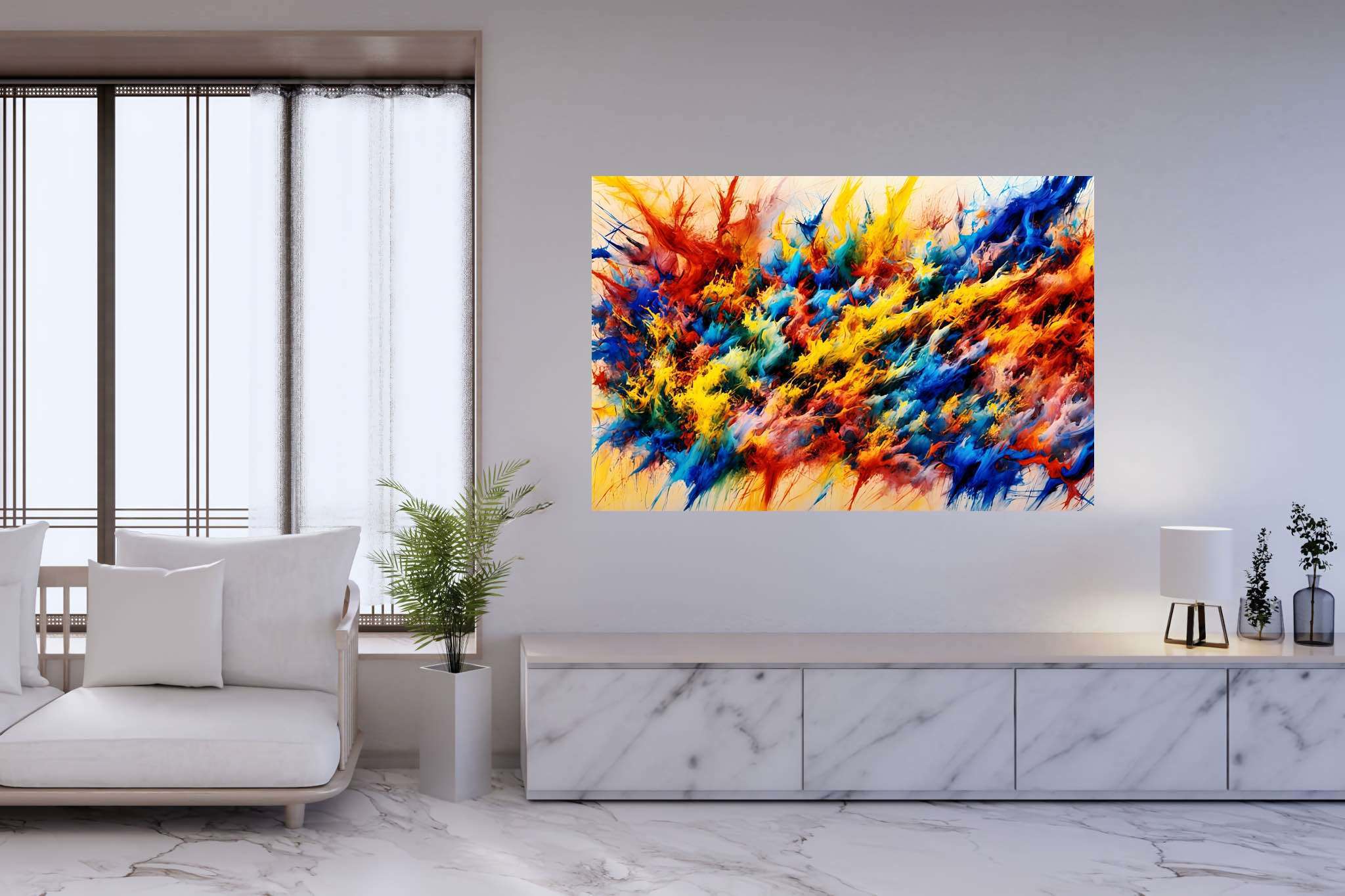 Chroma crescendo unleashed: Explosion art with explosive colors, in a room with minimalist approach, wall art, and home styling items. The art can be printed on poster, framed poster, canvas, metal, acrylic or wood, exclusively at WallArtZen. Find this exact print at https://wallartzen.com/waz107