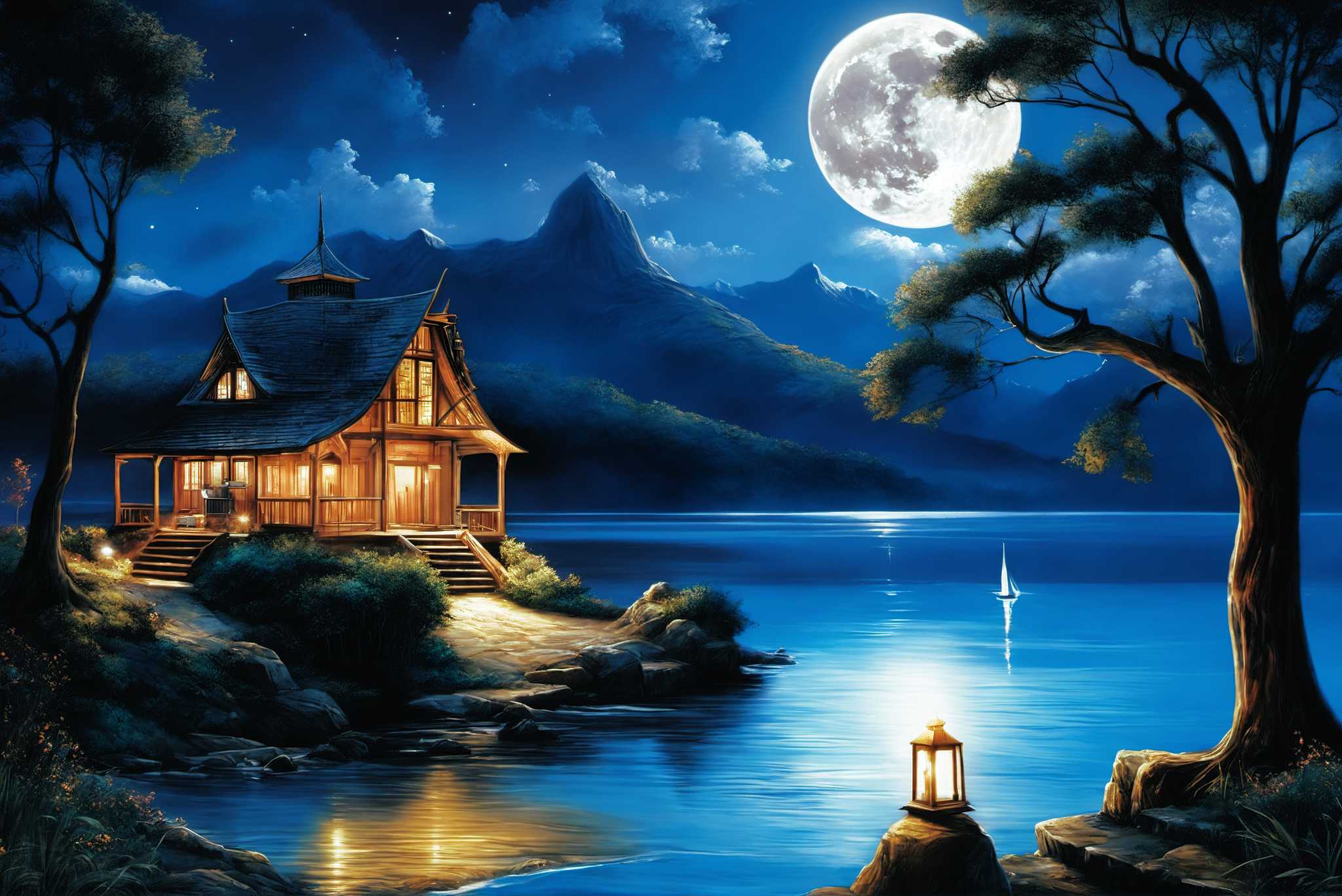 Moonlit serenity retreat: Lakeside art with lakeside sculptures, in a room with modern style, gallery-quality artwork, and artisan decor. The art can be printed on poster, framed poster, canvas, metal, acrylic or wood, exclusively at WallArtZen. Find this exact print at https://wallartzen.com/waz108