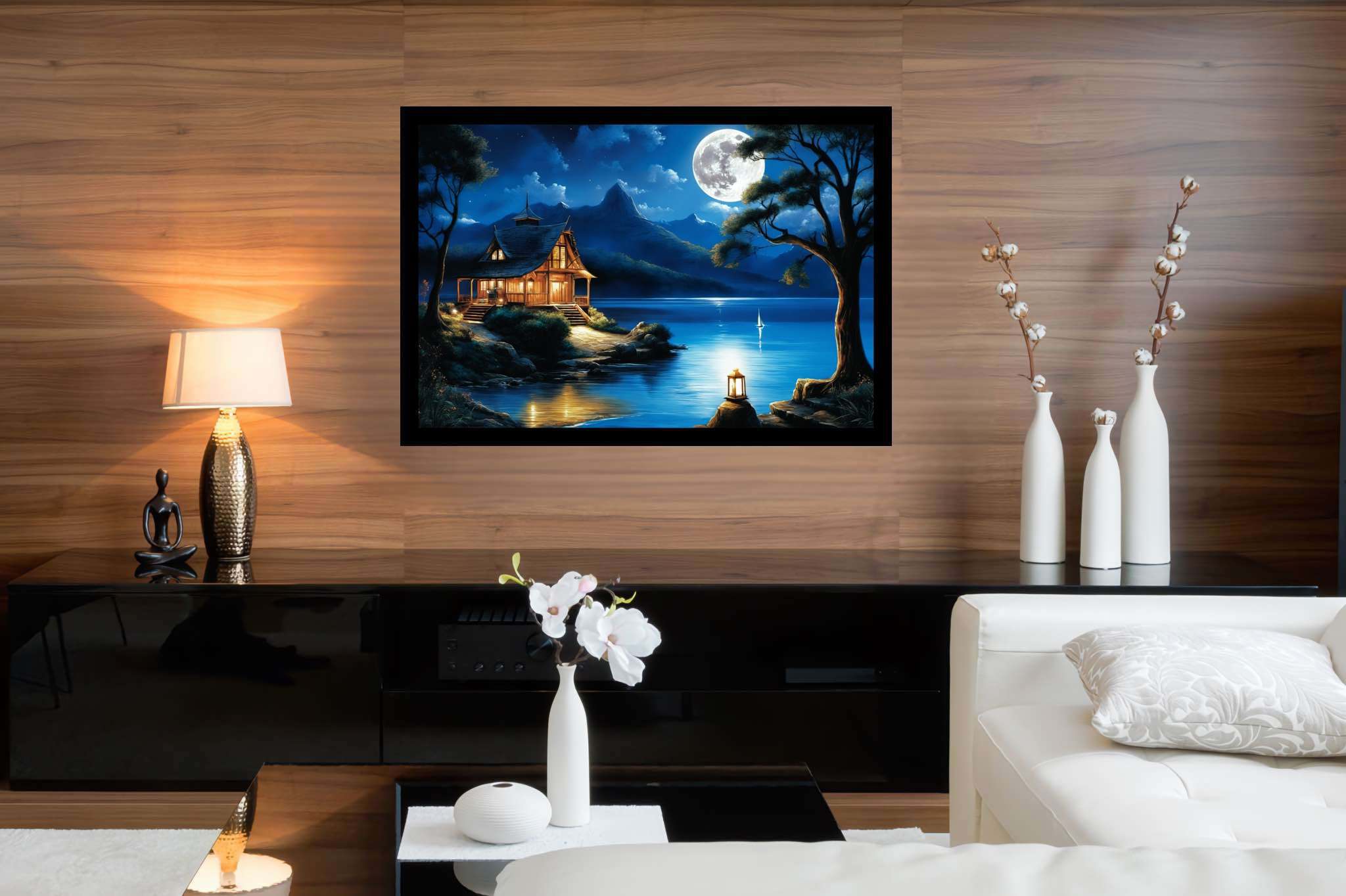 Moonlit serenity retreat: Lakeside art with lakeside sculptures, in a room with innovative layout, photographic wall art, and decorative pieces. The art can be printed on poster, framed poster, canvas, metal, acrylic or wood, exclusively at WallArtZen. Find this exact print at https://wallartzen.com/waz108
