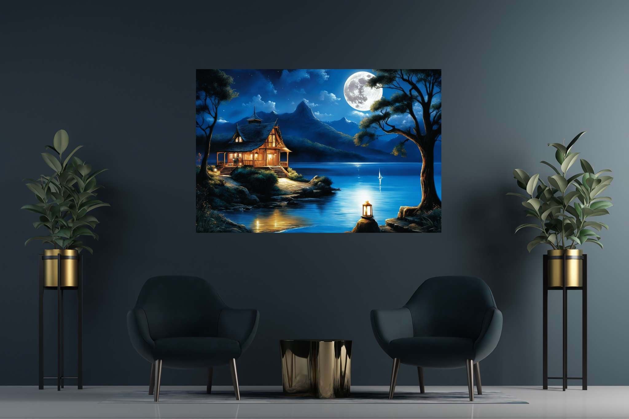 Moonlit serenity retreat: Lakeside art with lakeside art, in a room with classic elegance, gallery-quality artwork, and luxe decor. The art can be printed on poster, framed poster, canvas, metal, acrylic or wood, exclusively at WallArtZen. Find this exact print at https://wallartzen.com/waz108