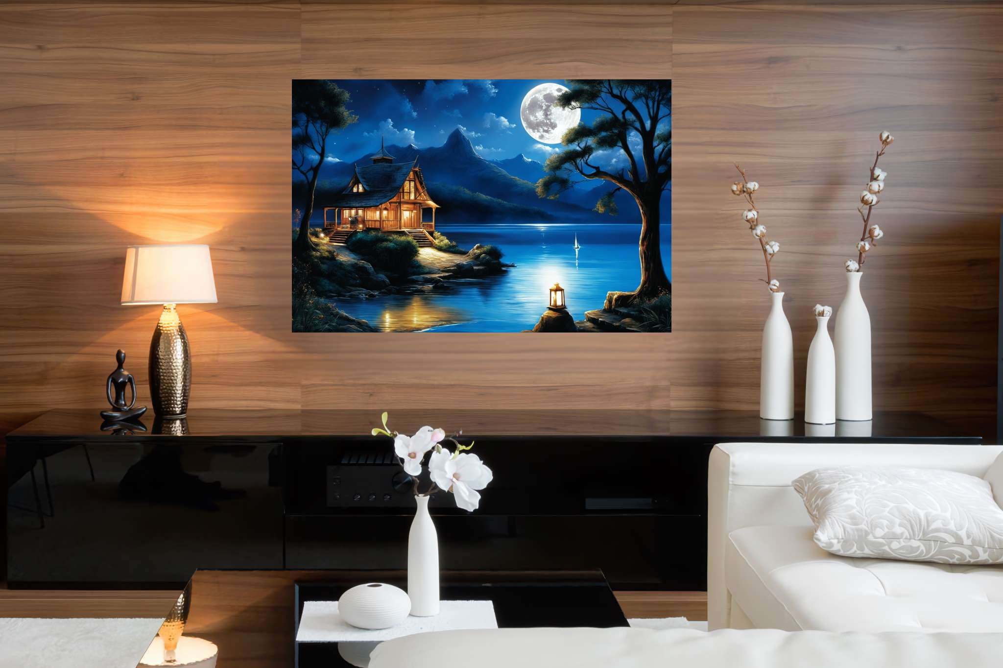 Moonlit serenity retreat: Lakeside art with landscape paintings, in a room with urban design, gallery-quality artwork, and luxe decor. The art can be printed on poster, framed poster, canvas, metal, acrylic or wood, exclusively at WallArtZen. Find this exact print at https://wallartzen.com/waz108