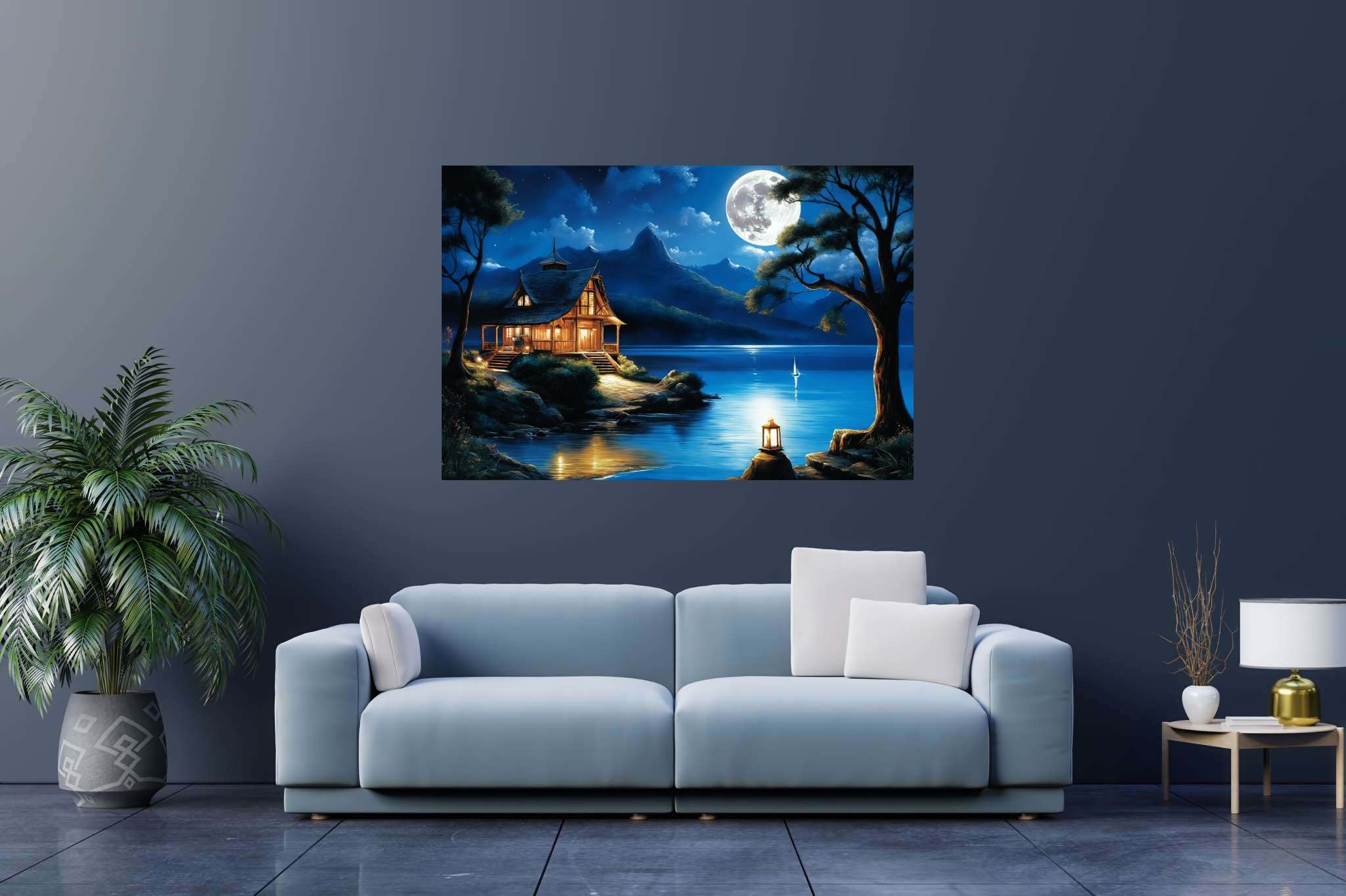 Moonlit serenity retreat: Lakeside art with lakeside artworks, in a room with classic elegance, canvas prints, and designer furniture. The art can be printed on poster, framed poster, canvas, metal, acrylic or wood, exclusively at WallArtZen. Find this exact print at https://wallartzen.com/waz108
