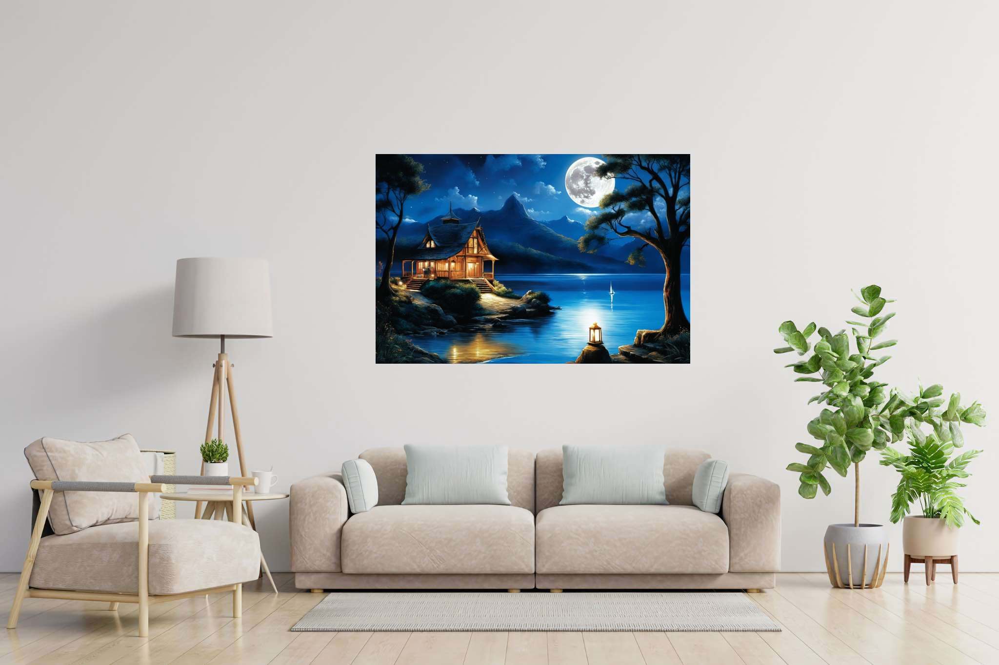 Moonlit serenity retreat: Lakeside art with nature-inspired artworks, in a room with artistic style, wall hangings, and home styling items. The art can be printed on poster, framed poster, canvas, metal, acrylic or wood, exclusively at WallArtZen. Find this exact print at https://wallartzen.com/waz108