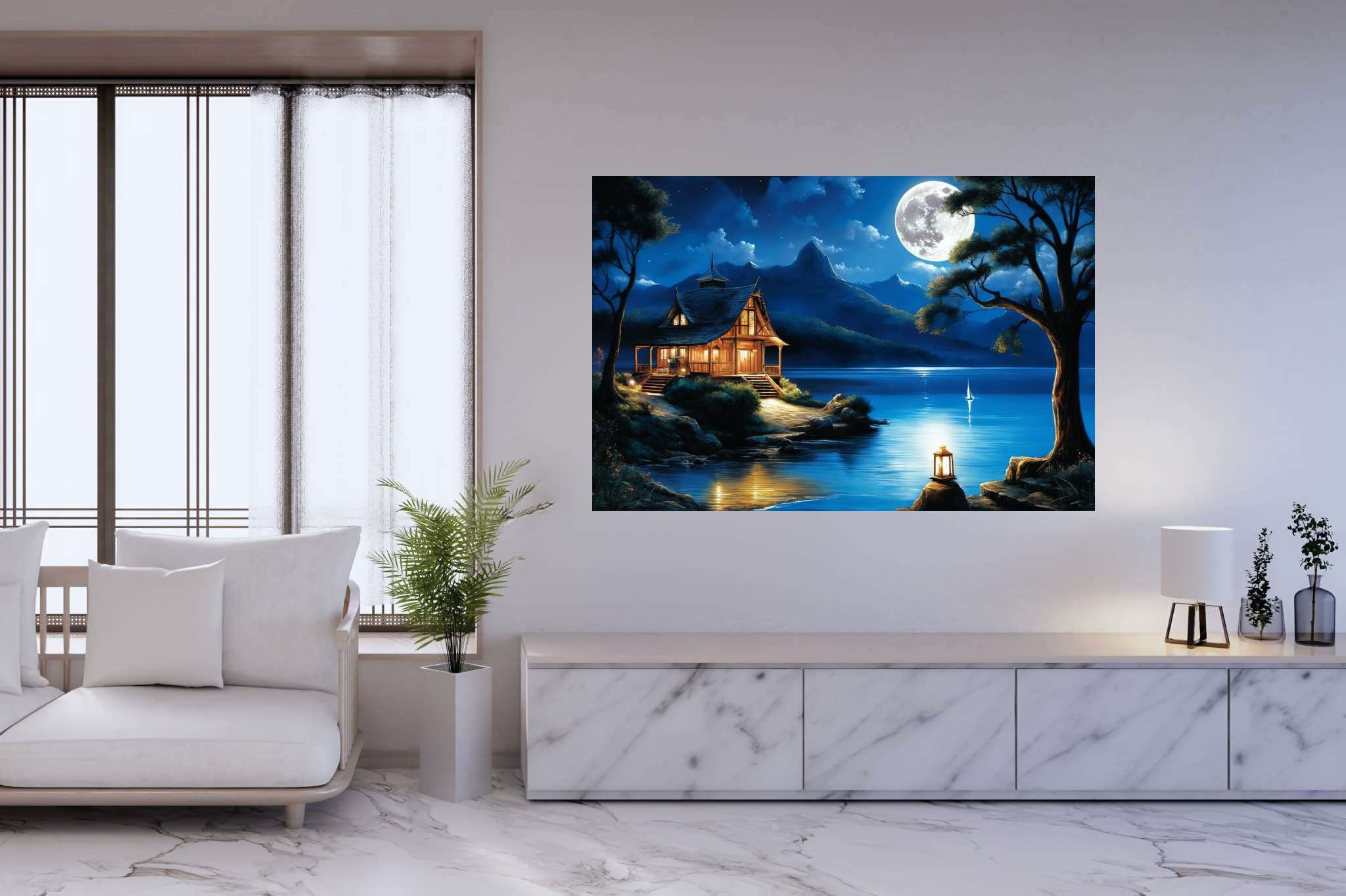 Moonlit serenity retreat: Lakeside art with lakeside creativity, in a room with minimalist approach, wall art, and elegant home goods. The art can be printed on poster, framed poster, canvas, metal, acrylic or wood, exclusively at WallArtZen. Find this exact print at https://wallartzen.com/waz108