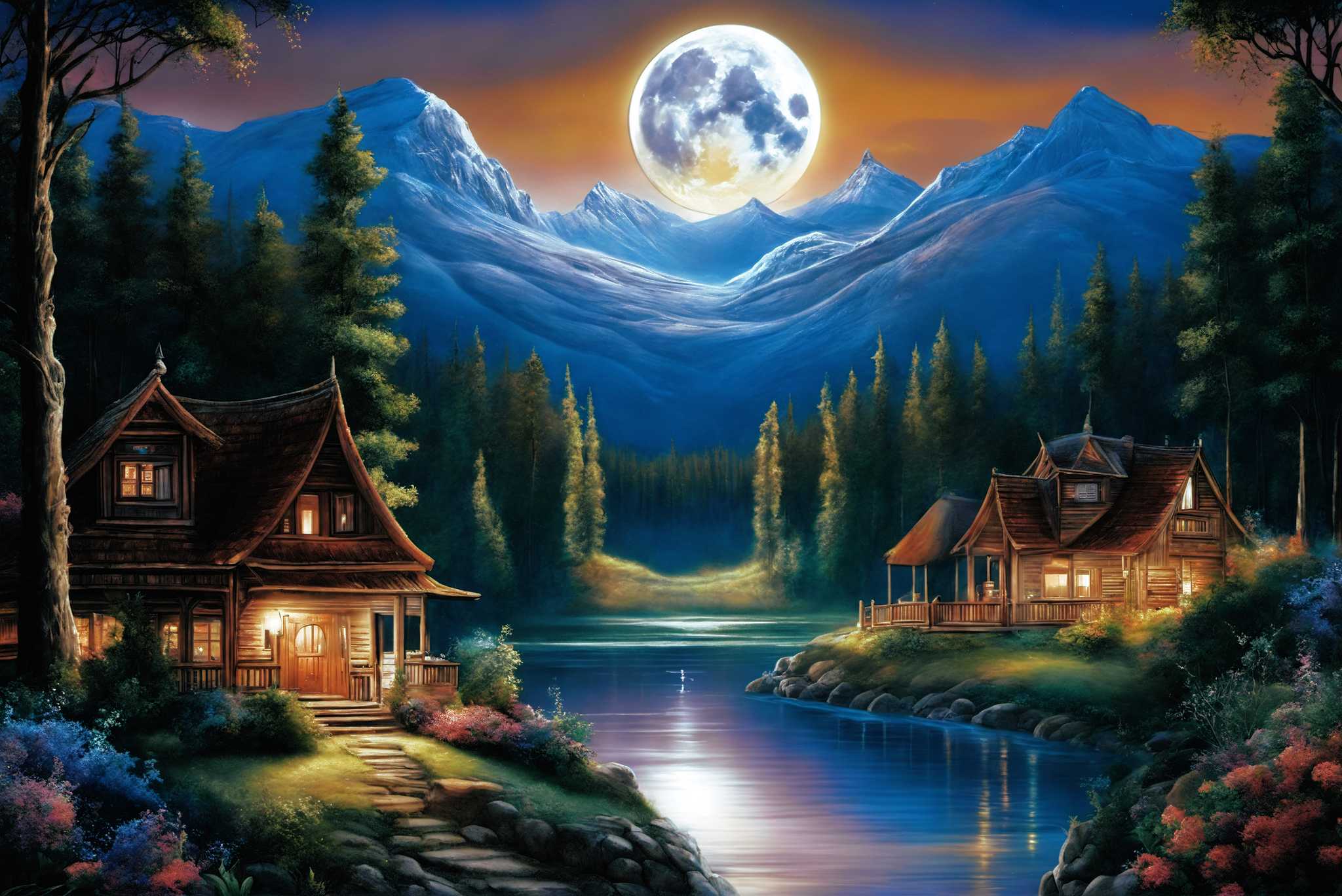 Lunar serenade by the lake: Serene nighttime art with calming nocturnal artwork, in a room with great design, fine art prints, and artisan decor. The art can be printed on poster, framed poster, canvas, metal, acrylic or wood, exclusively at WallArtZen. Find this exact print at https://wallartzen.com/waz109