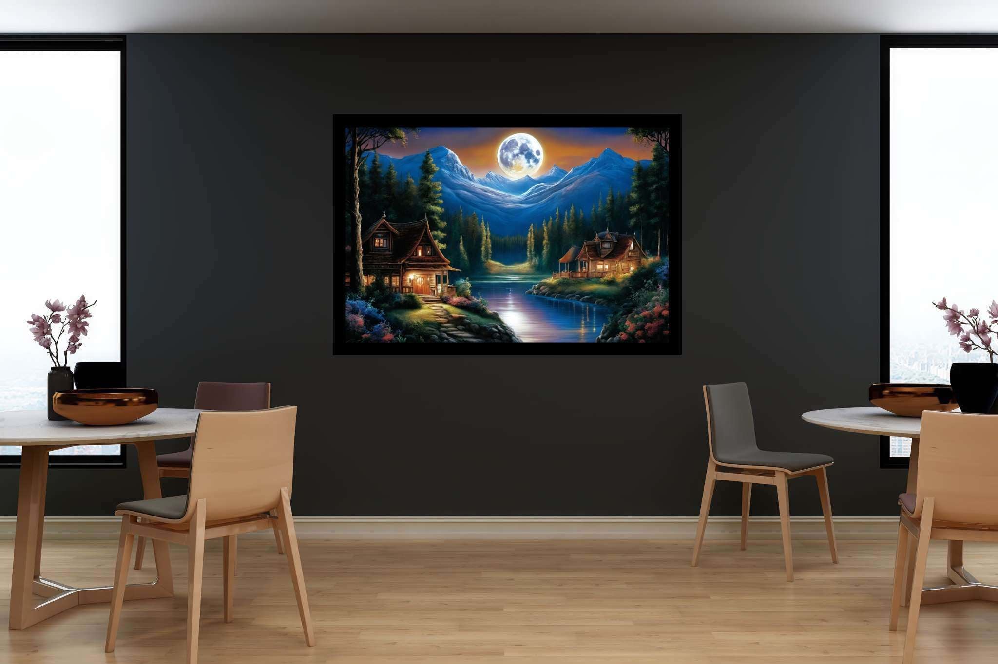 Lunar serenade by the lake: Serene nighttime art with serene nighttime photography, in a room with urban design, mural artworks, and elegant home goods. The art can be printed on poster, framed poster, canvas, metal, acrylic or wood, exclusively at WallArtZen. Find this exact print at https://wallartzen.com/waz109