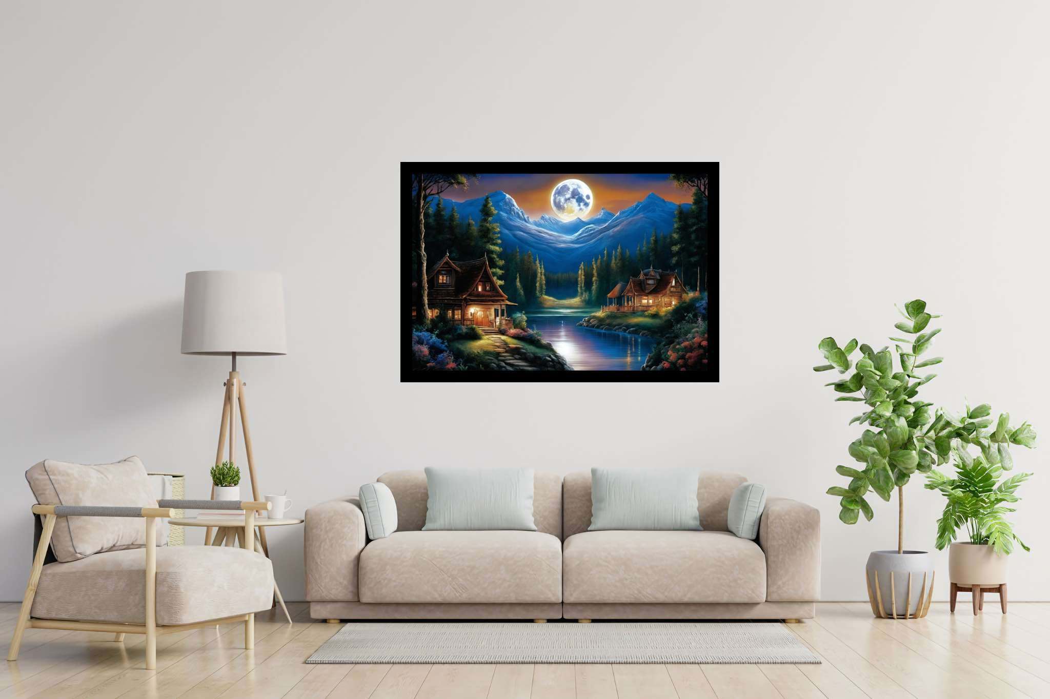 Lunar serenade by the lake: Serene nighttime art with calming nocturnal artwork, in a room with classic elegance, bespoke art designs, and interior decorations. The art can be printed on poster, framed poster, canvas, metal, acrylic or wood, exclusively at WallArtZen. Find this exact print at https://wallartzen.com/waz109