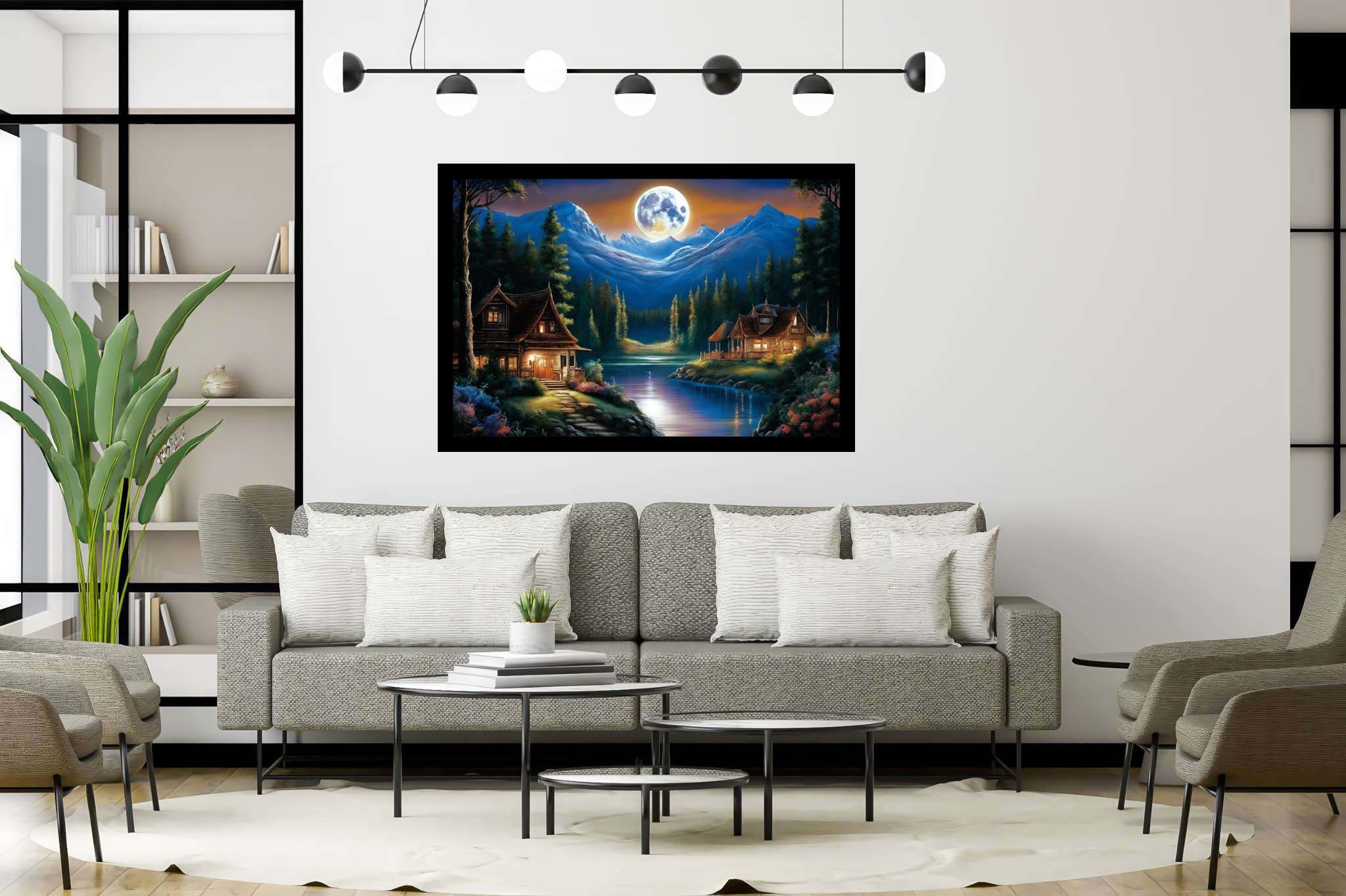 Lunar serenade by the lake: Serene nighttime art with ethereal night sky paintings, in a room with urban design, digital art pieces, and designer furniture. The art can be printed on poster, framed poster, canvas, metal, acrylic or wood, exclusively at WallArtZen. Find this exact print at https://wallartzen.com/waz109