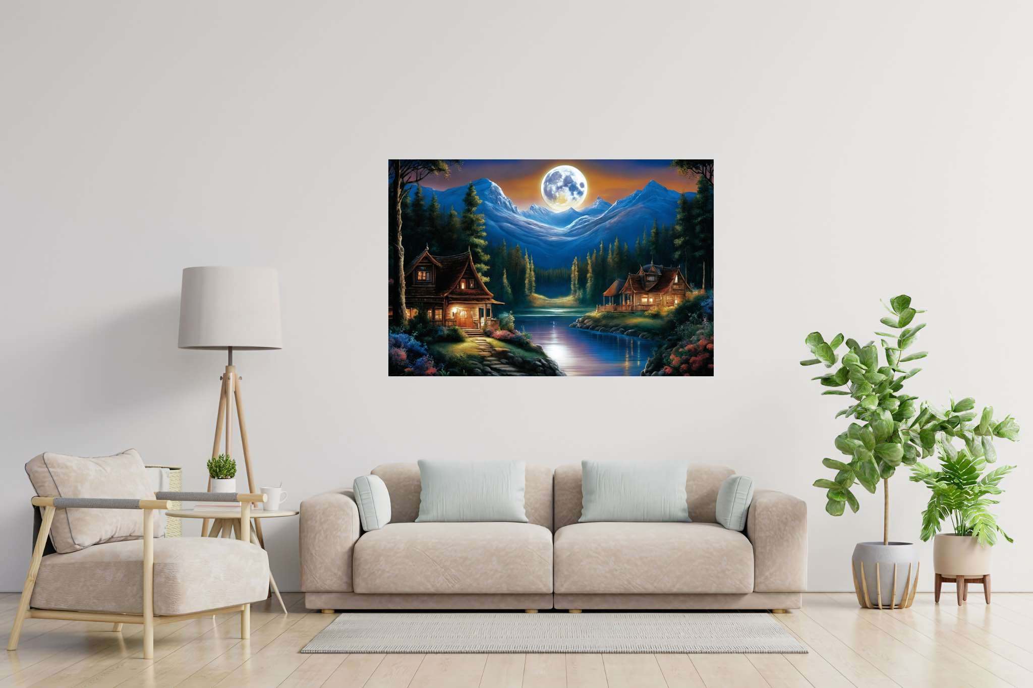 Lunar serenade by the lake: Serene nighttime art with serene nature at night, in a room with modern style, framed art, and luxe decor. The art can be printed on poster, framed poster, canvas, metal, acrylic or wood, exclusively at WallArtZen. Find this exact print at https://wallartzen.com/waz109