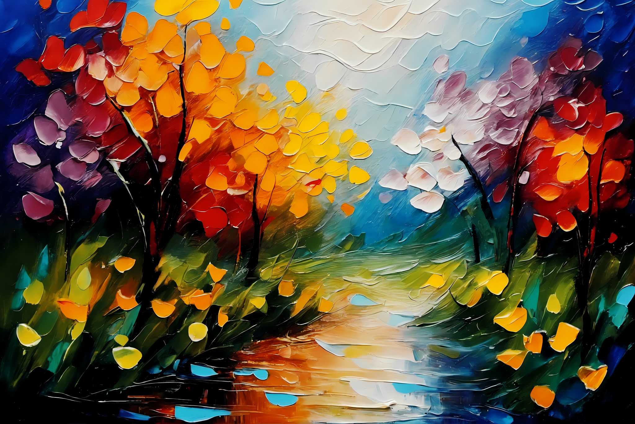 Amber riversong ballet: Autumn river art with autumnal watercolor art, in a room with chic decor, wall hangings, and elegant home goods. The art can be printed on poster, framed poster, canvas, metal, acrylic or wood, exclusively at WallArtZen. Find this exact print at https://wallartzen.com/waz10