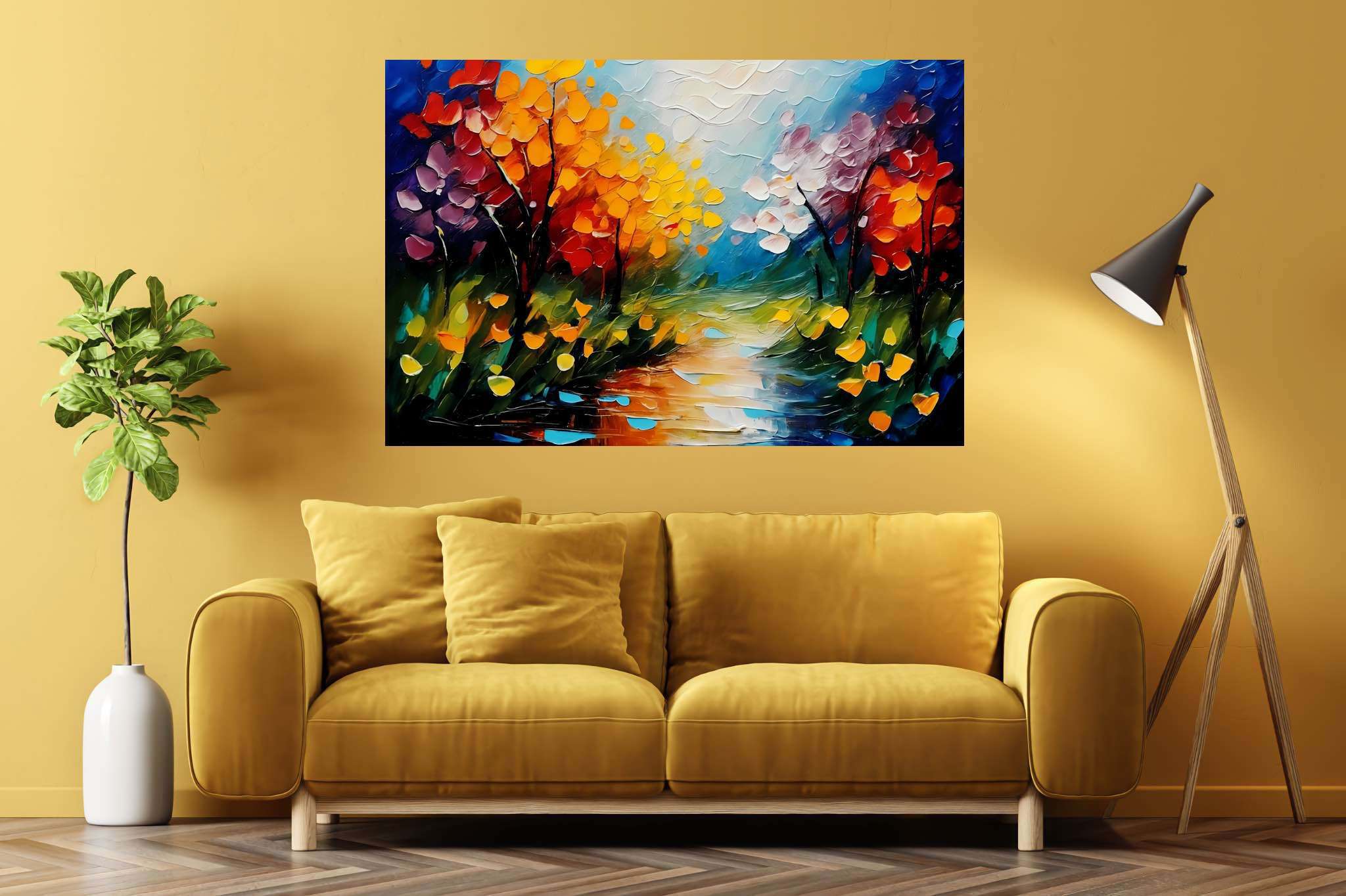 Amber riversong ballet: Autumn river art with tranquil river paintings, in a room with contemporary flair, fine art prints, and home styling items. The art can be printed on poster, framed poster, canvas, metal, acrylic or wood, exclusively at WallArtZen. Find this exact print at https://wallartzen.com/waz10