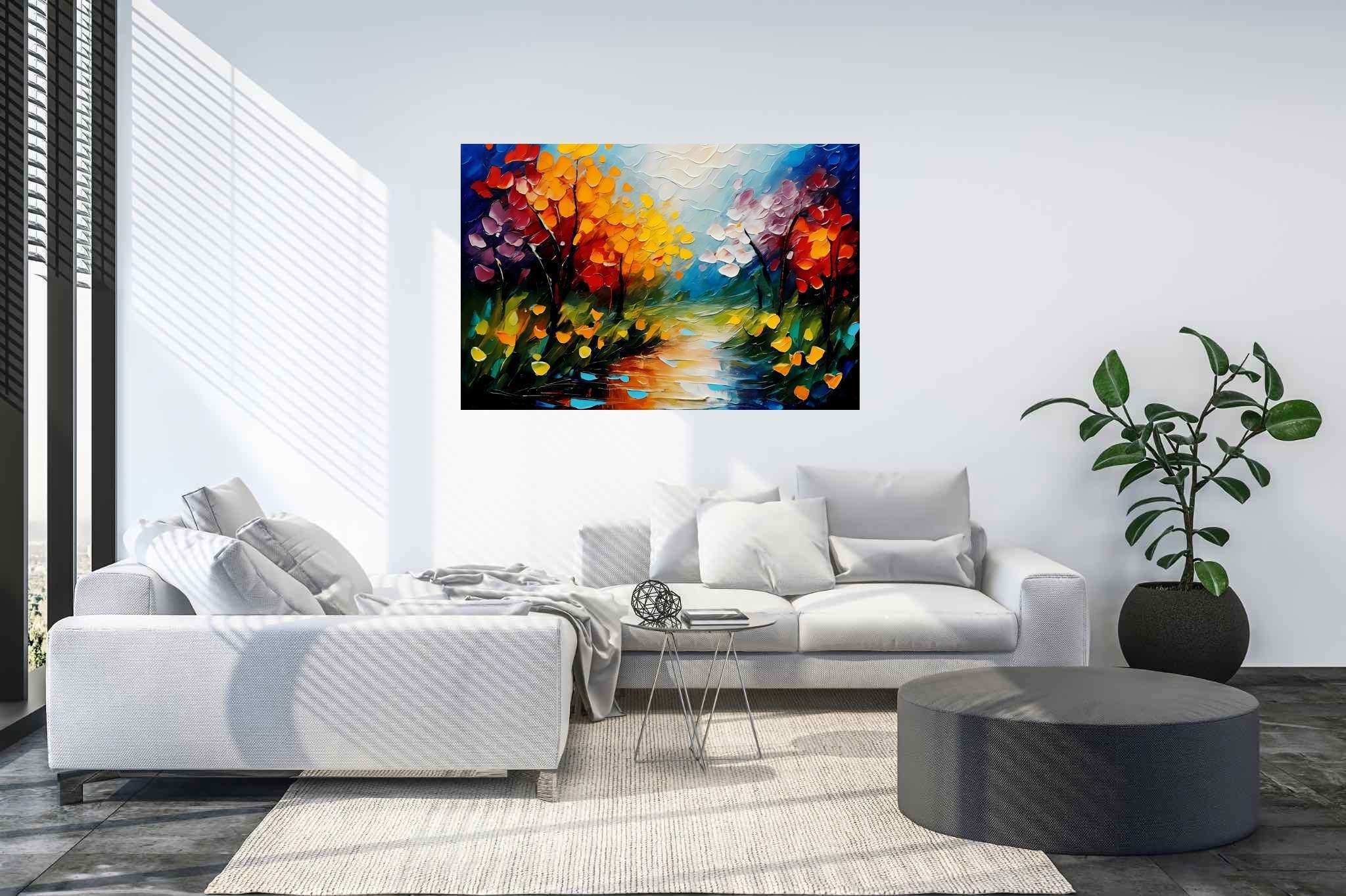 Amber riversong ballet: Autumn river art with river landscape painting, in a room with classic elegance, wall hangings, and home furnishings. The art can be printed on poster, framed poster, canvas, metal, acrylic or wood, exclusively at WallArtZen. Find this exact print at https://wallartzen.com/waz10