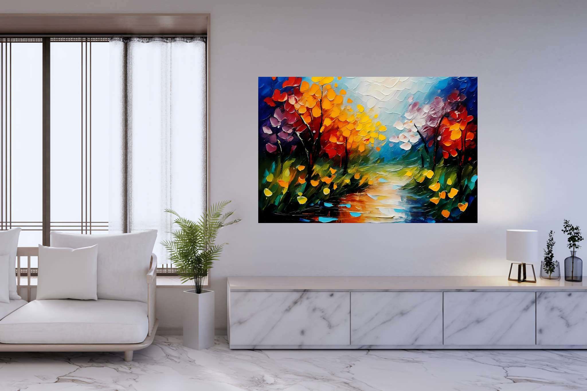 Amber riversong ballet: Autumn river art with nature-inspired paintings, in a room with contemporary flair, photographic wall art, and home styling items. The art can be printed on poster, framed poster, canvas, metal, acrylic or wood, exclusively at WallArtZen. Find this exact print at https://wallartzen.com/waz10