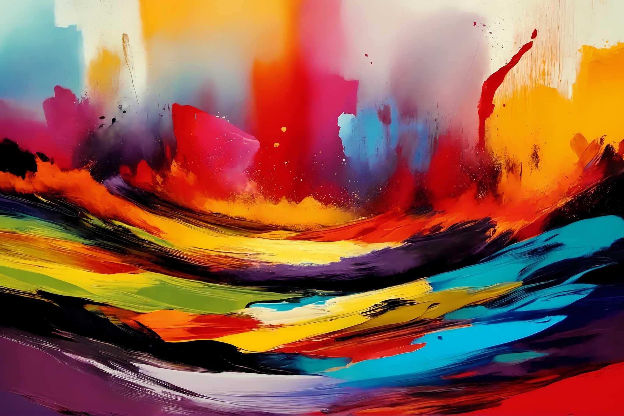 Chromatic rhapsody: Dynamic art with kinetic artwork, in a room with elegant layout, digital art pieces, and home styling items. The art can be printed on poster, framed poster, canvas, metal, acrylic or wood, exclusively at WallArtZen. Find this exact print at https://wallartzen.com/waz110