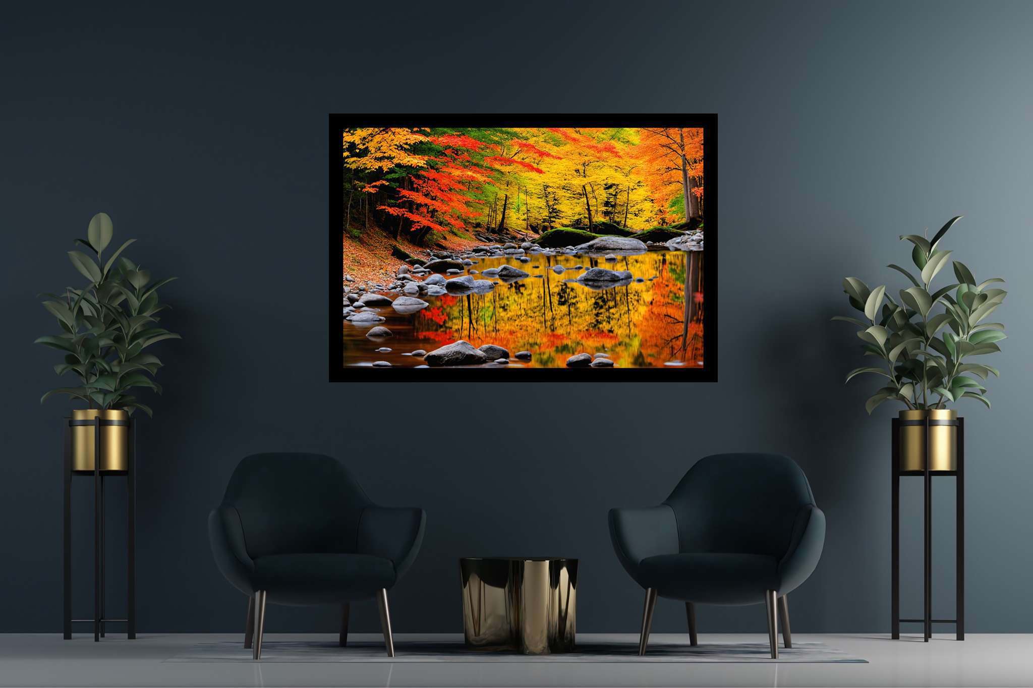 Autumn's hushed symphony: Autumn forest art with scenic forest painting, in a room with elegant layout, abstract paintings, and artisan decor. The art can be printed on poster, framed poster, canvas, metal, acrylic or wood, exclusively at WallArtZen. Find this exact print at https://wallartzen.com/waz111