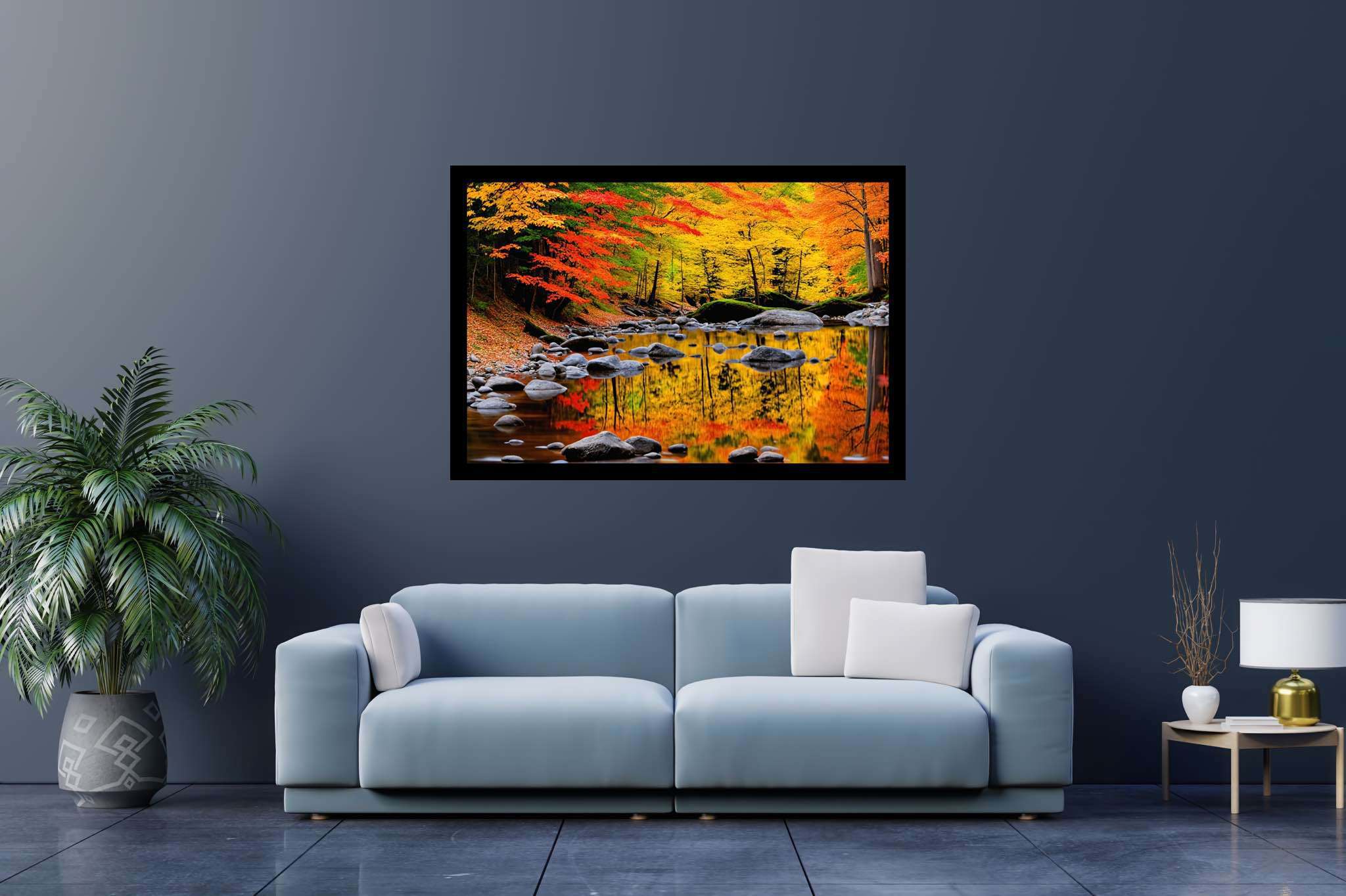 Autumn's hushed symphony: Autumn forest art with woodland scenery, in a room with innovative layout, abstract paintings, and designer furniture. The art can be printed on poster, framed poster, canvas, metal, acrylic or wood, exclusively at WallArtZen. Find this exact print at https://wallartzen.com/waz111