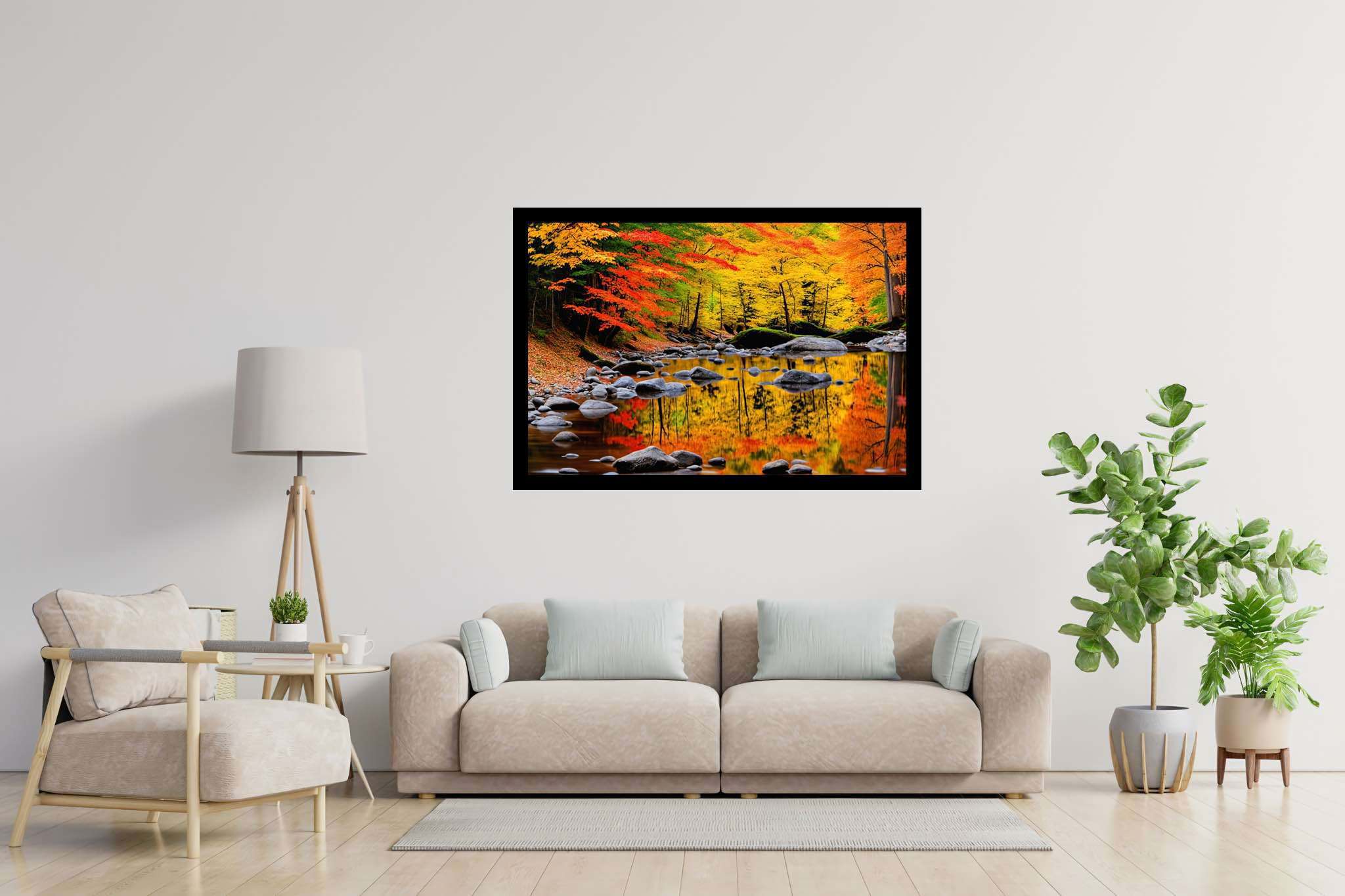 Autumn's hushed symphony: Autumn forest art with colorful foliage, in a room with modern style, abstract paintings, and decorative pieces. The art can be printed on poster, framed poster, canvas, metal, acrylic or wood, exclusively at WallArtZen. Find this exact print at https://wallartzen.com/waz111