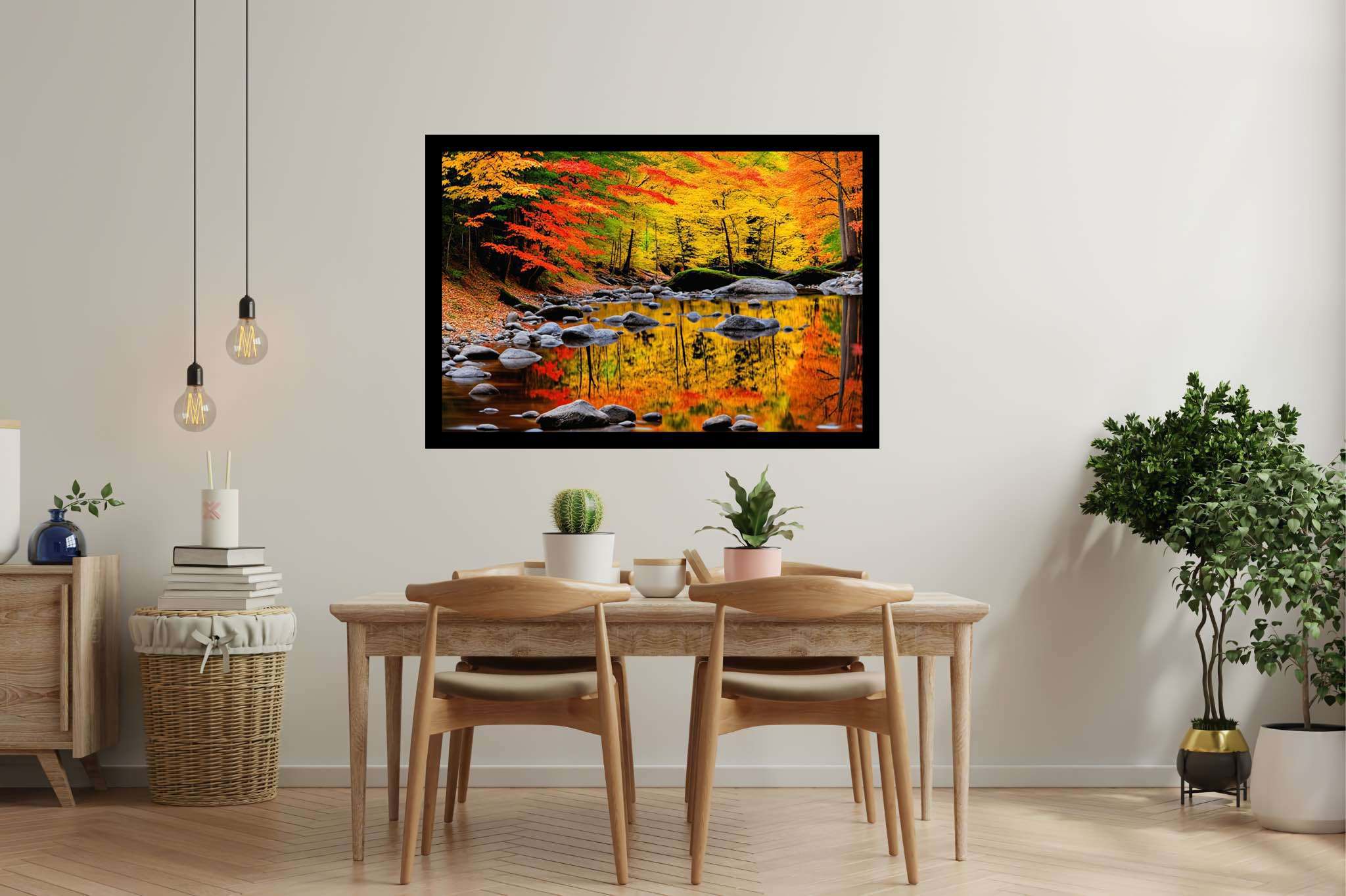 Autumn's hushed symphony: Autumn forest art with colorful foliage, in a room with great design, bespoke art designs, and interior decorations. The art can be printed on poster, framed poster, canvas, metal, acrylic or wood, exclusively at WallArtZen. Find this exact print at https://wallartzen.com/waz111