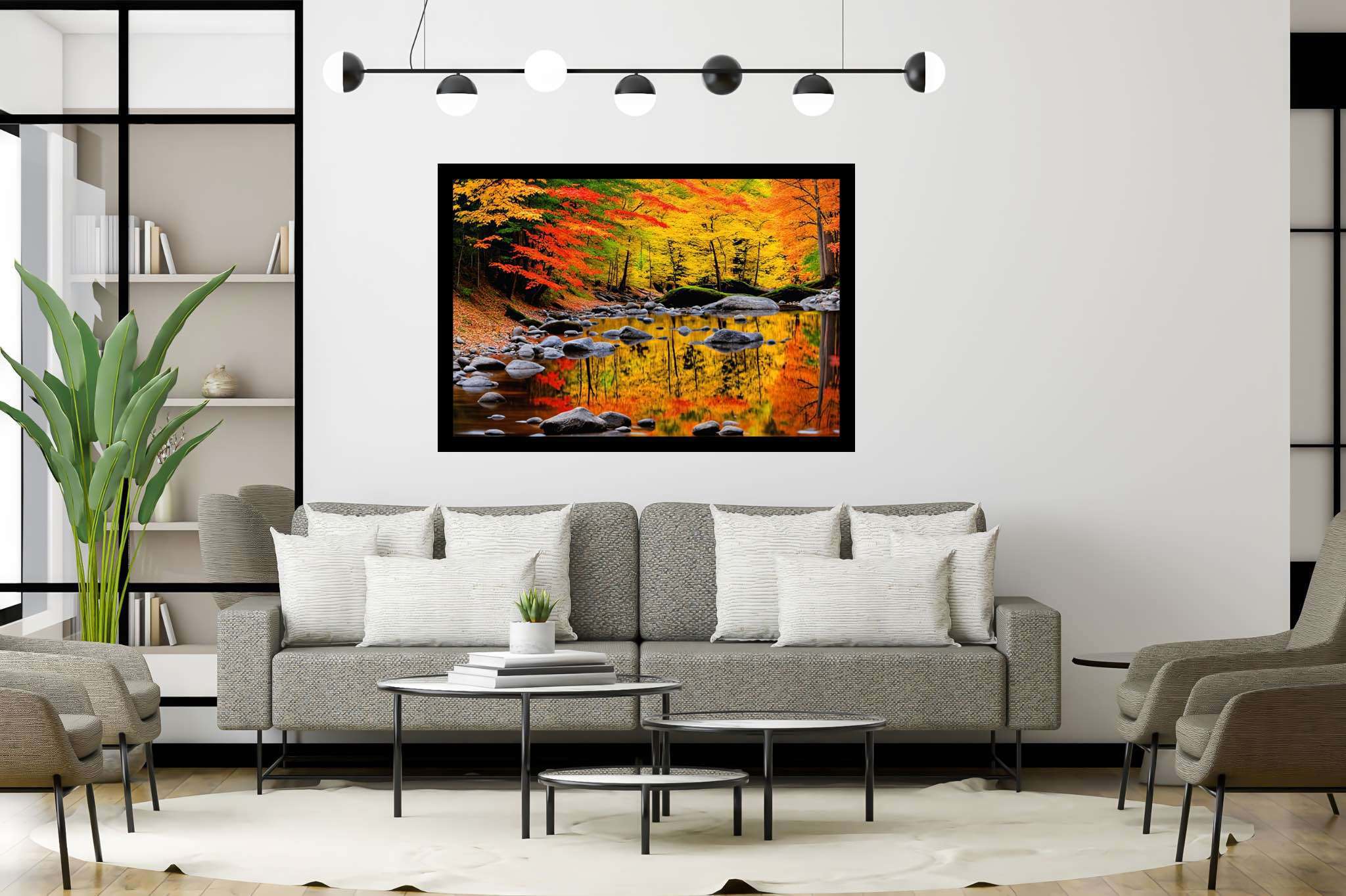 Autumn's hushed symphony: Autumn forest art with expressive landscape painting, in a room with contemporary flair, bespoke art designs, and home styling items. The art can be printed on poster, framed poster, canvas, metal, acrylic or wood, exclusively at WallArtZen. Find this exact print at https://wallartzen.com/waz111