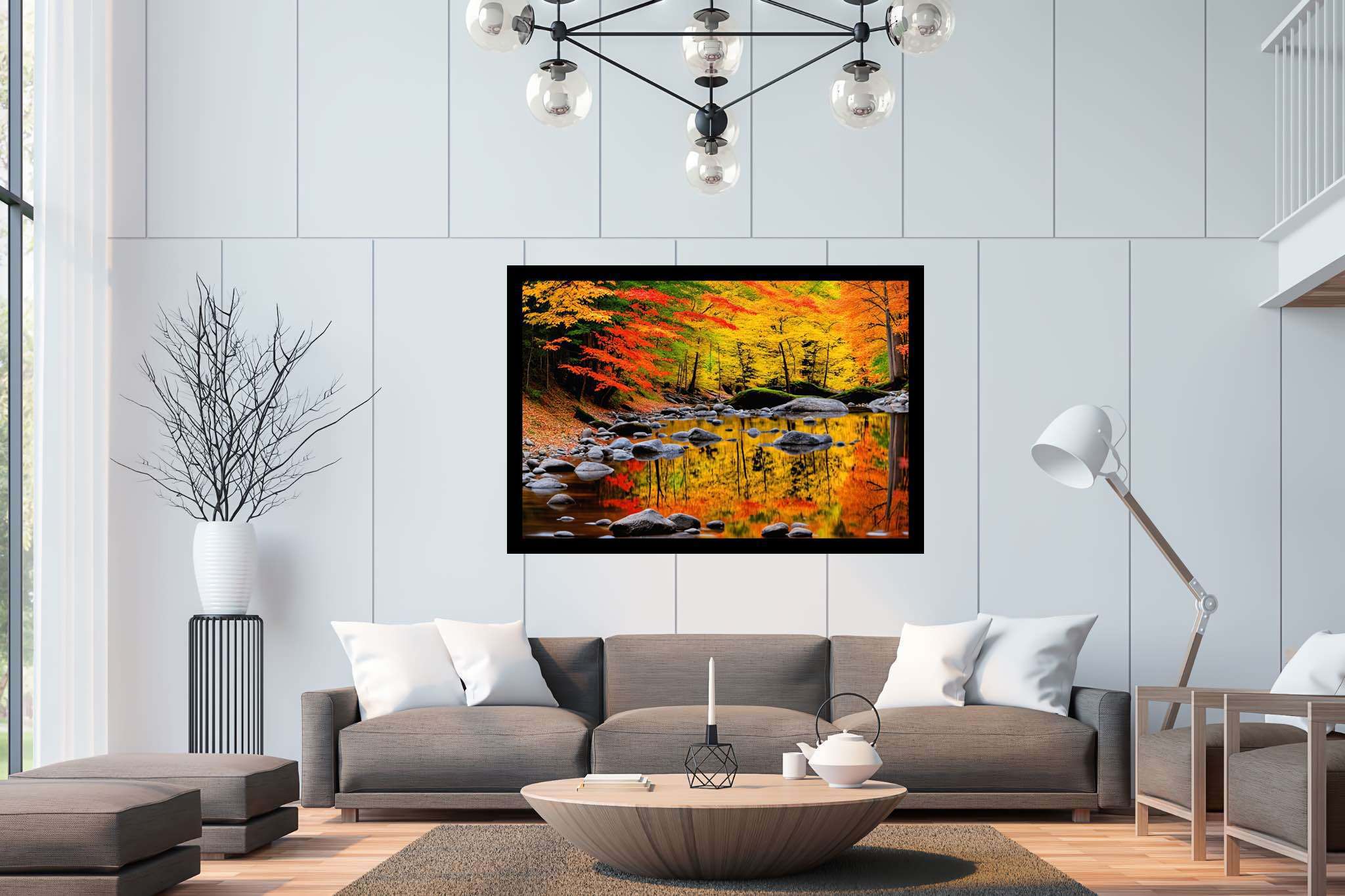 Autumn's hushed symphony: Autumn forest art with expressive landscape painting, in a room with classic elegance, framed art, and luxe decor. The art can be printed on poster, framed poster, canvas, metal, acrylic or wood, exclusively at WallArtZen. Find this exact print at https://wallartzen.com/waz111