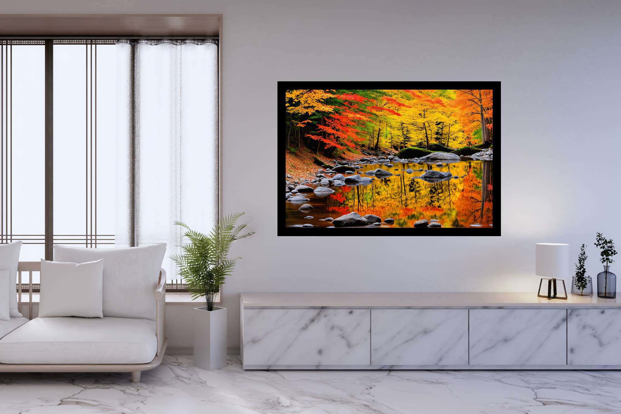 Autumn's hushed symphony: Autumn forest art with autumnal nature art, in a room with classic elegance, bespoke art designs, and trendy home accents. The art can be printed on poster, framed poster, canvas, metal, acrylic or wood, exclusively at WallArtZen. Find this exact print at https://wallartzen.com/waz111