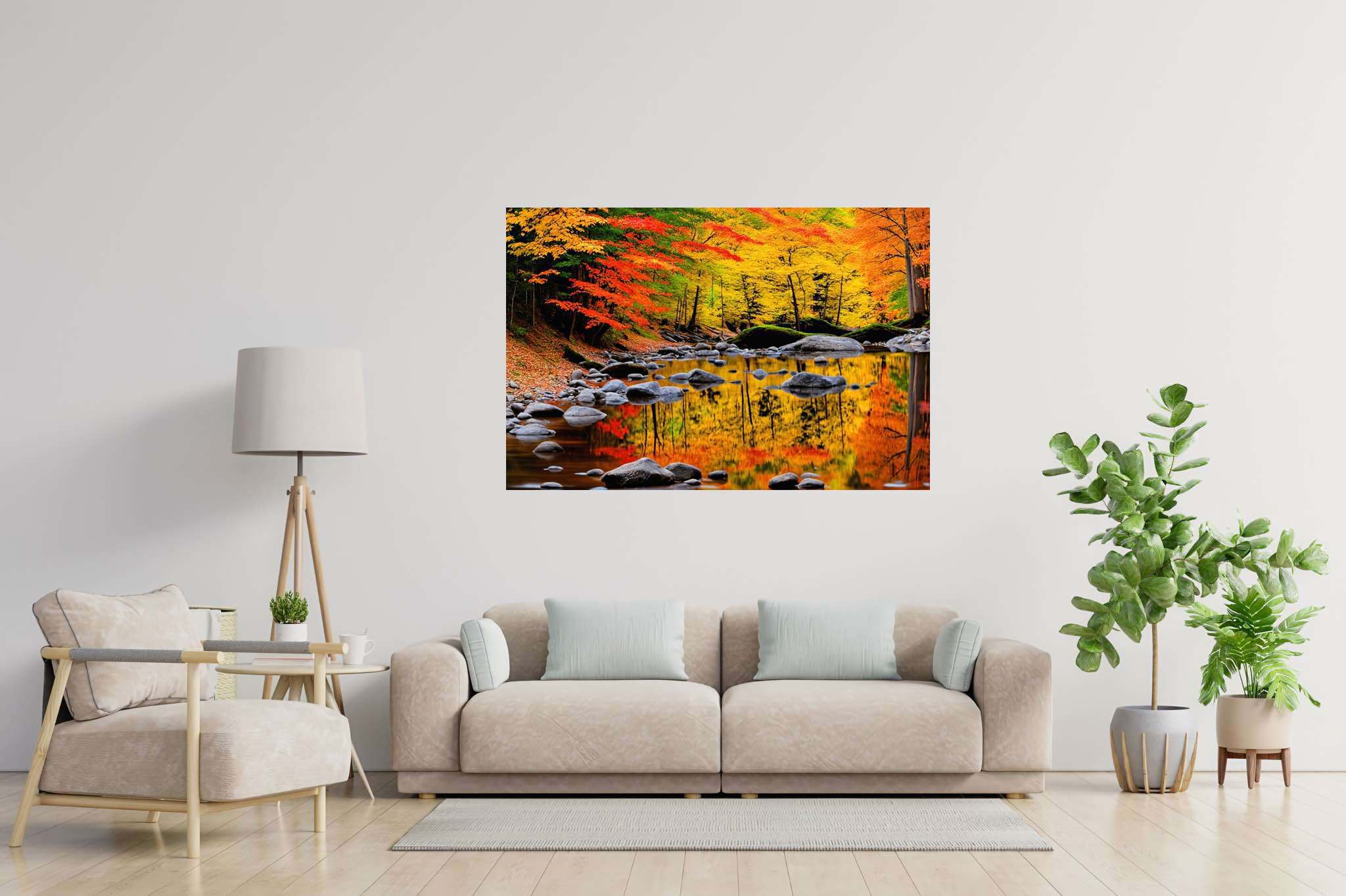 Autumn's hushed symphony: Autumn forest art with woodland scenery, in a room with chic decor, gallery-quality artwork, and luxe decor. The art can be printed on poster, framed poster, canvas, metal, acrylic or wood, exclusively at WallArtZen. Find this exact print at https://wallartzen.com/waz111
