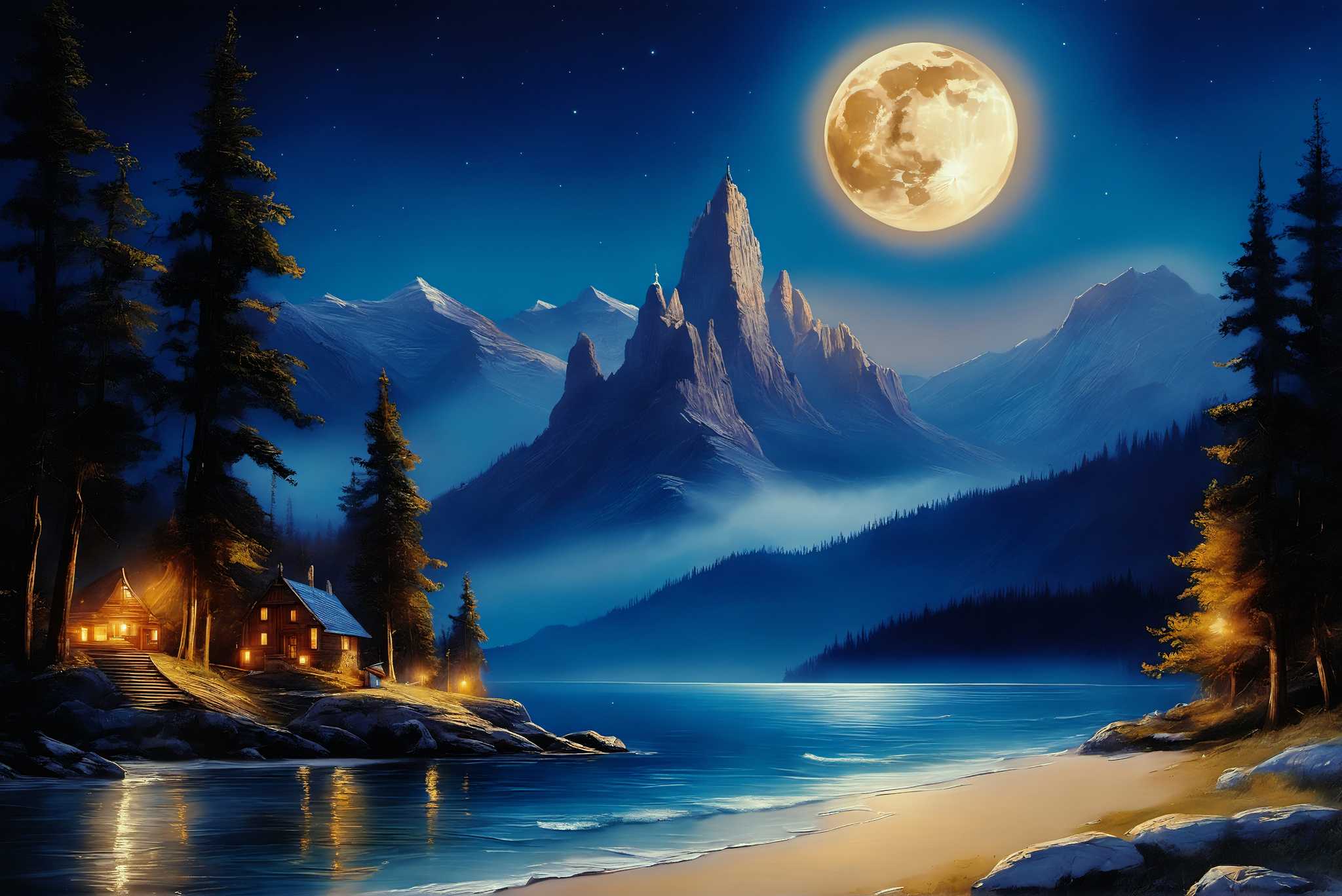 Lunar lullaby silhouettes: Moonlit landscape art with night scenery painting, in a room with great design, photographic wall art, and decorative pieces. The art can be printed on poster, framed poster, canvas, metal, acrylic or wood, exclusively at WallArtZen. Find this exact print at https://wallartzen.com/waz112